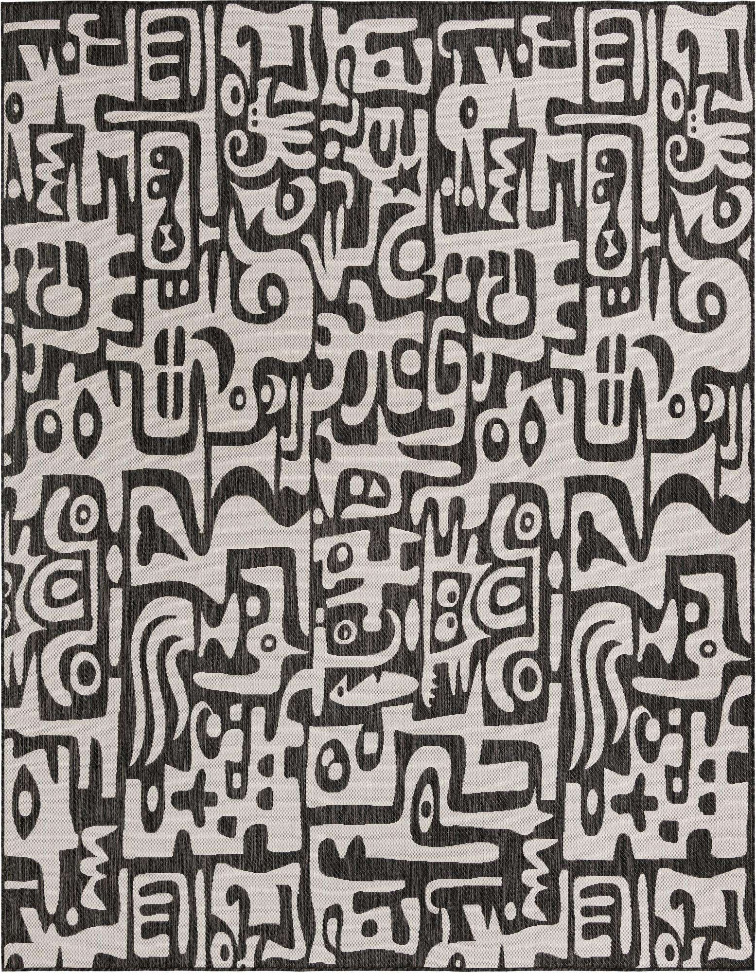 A 10' 0 x 10' 0 square black and white modern abstract rug with a flatweave texture, suitable for indoor or outdoor use.