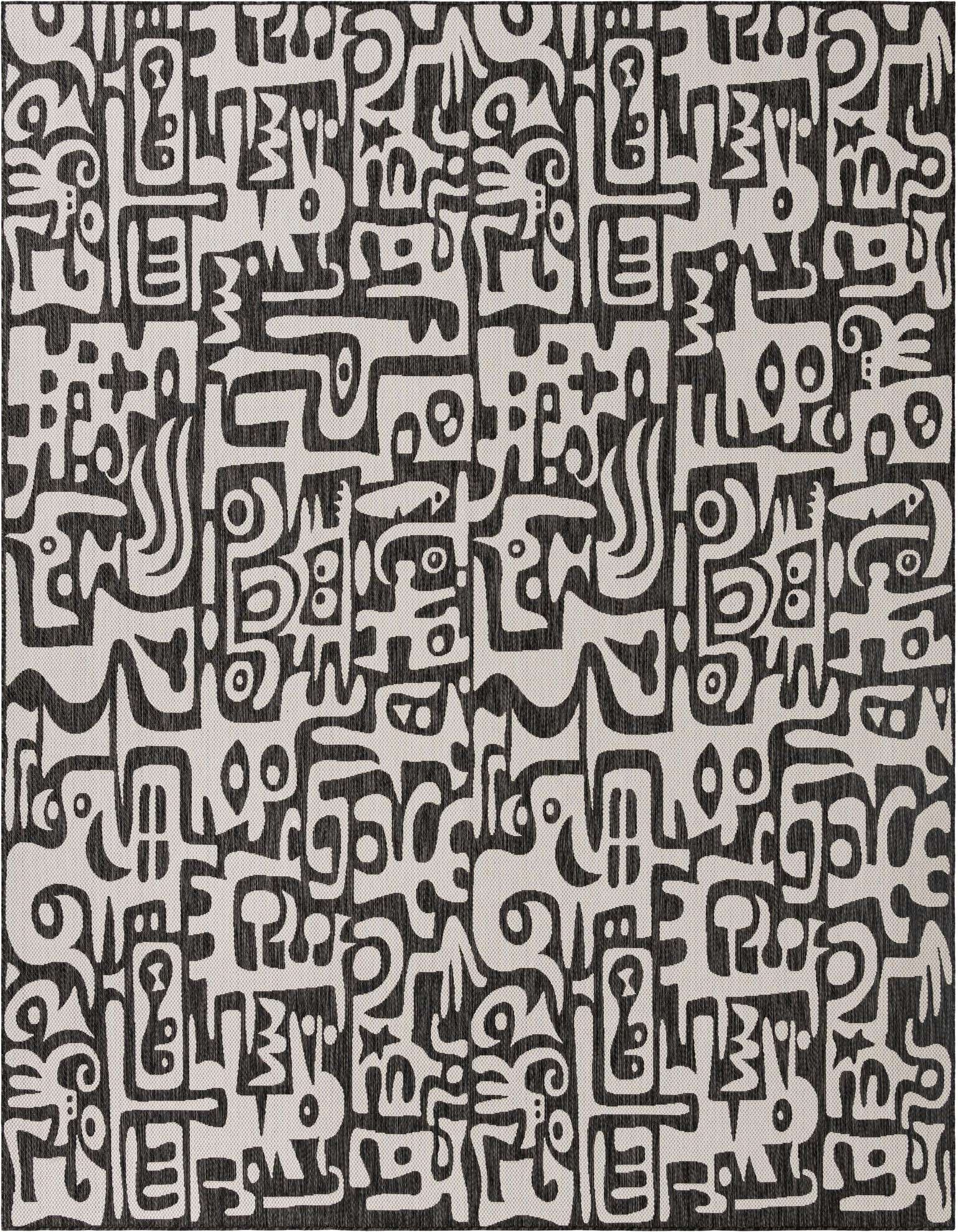 A 12' 0 x 12' 0 square black and white abstract outdoor rug with a modern, intricate pattern.