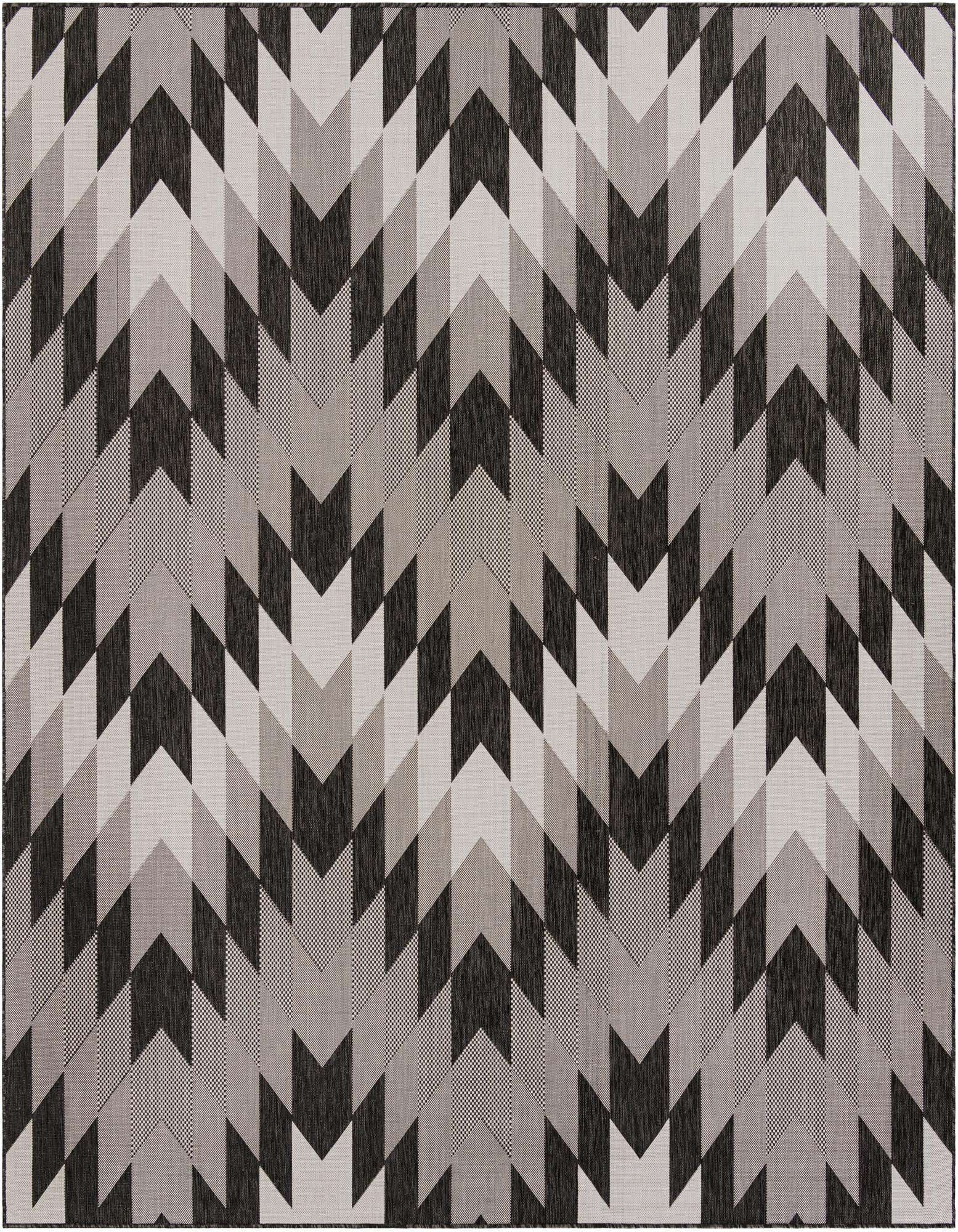 A 10'x10' square Rugs.com Outdoor Modern rug featuring a bold black, grey, and ivory geometric tribal pattern.