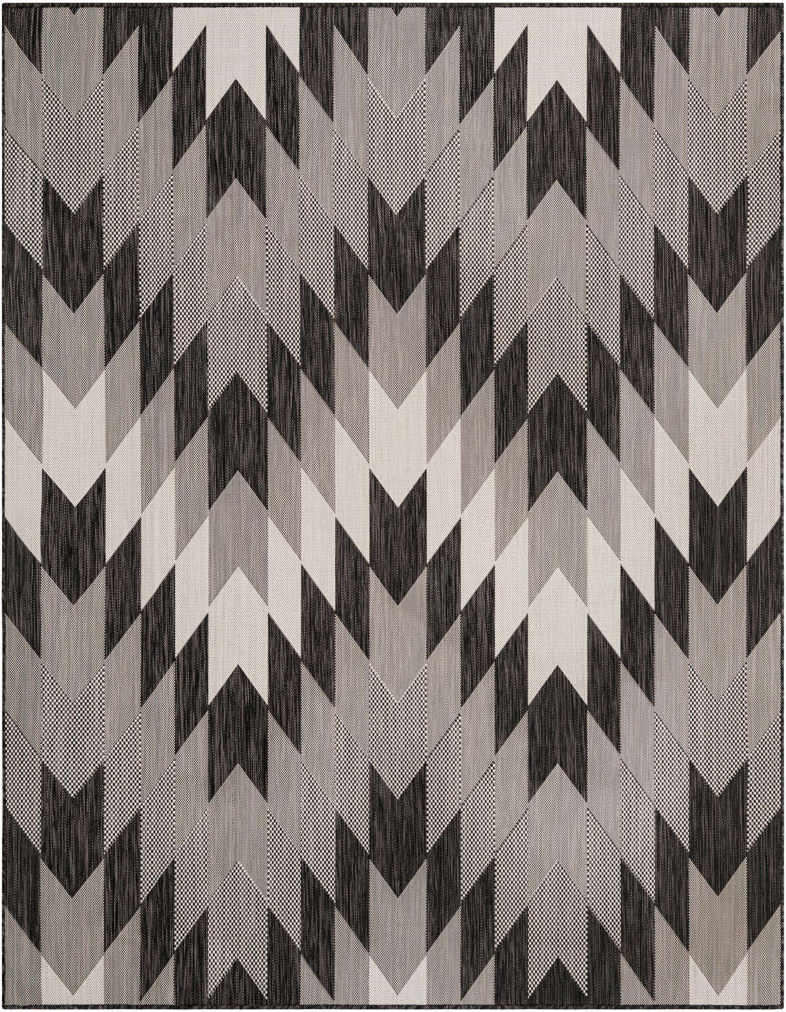 A 7' 10 x 7' 10 square Rugs.com Outdoor Modern rug featuring a bold black, white, and grey geometric tribal pattern.
