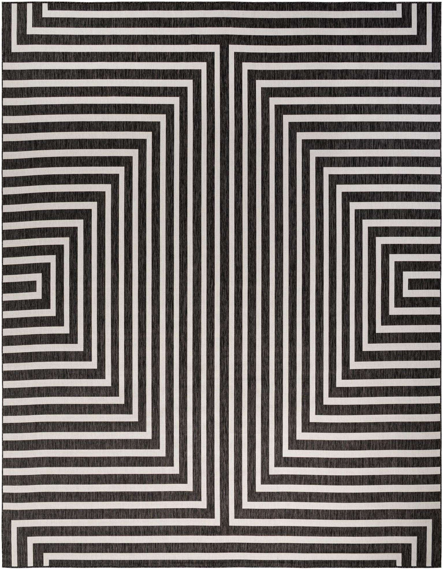 A 13' square modern black and white rug with a bold geometric stripe pattern, suitable for indoor or outdoor use.