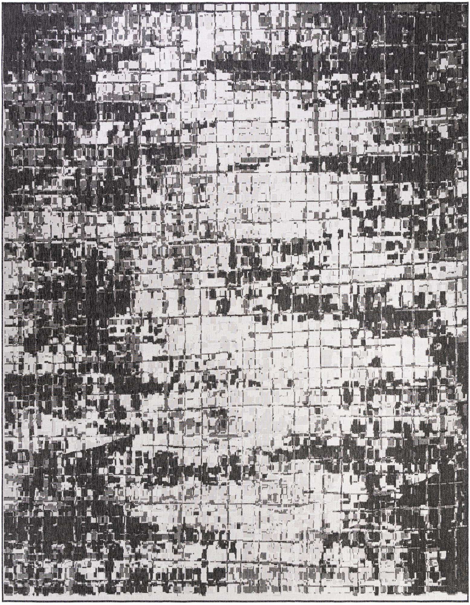 A 13' square modern black and white outdoor rug with an abstract grid pattern, suitable for a patio.