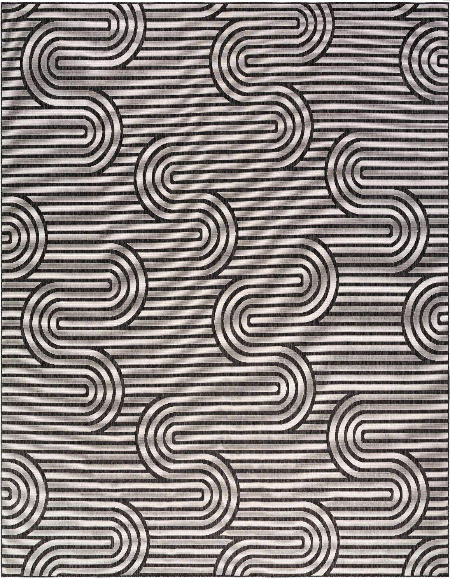 A 13' square Rugs.com Outdoor Modern rug featuring a bold black and white abstract wavy stripe pattern, suitable for a patio.