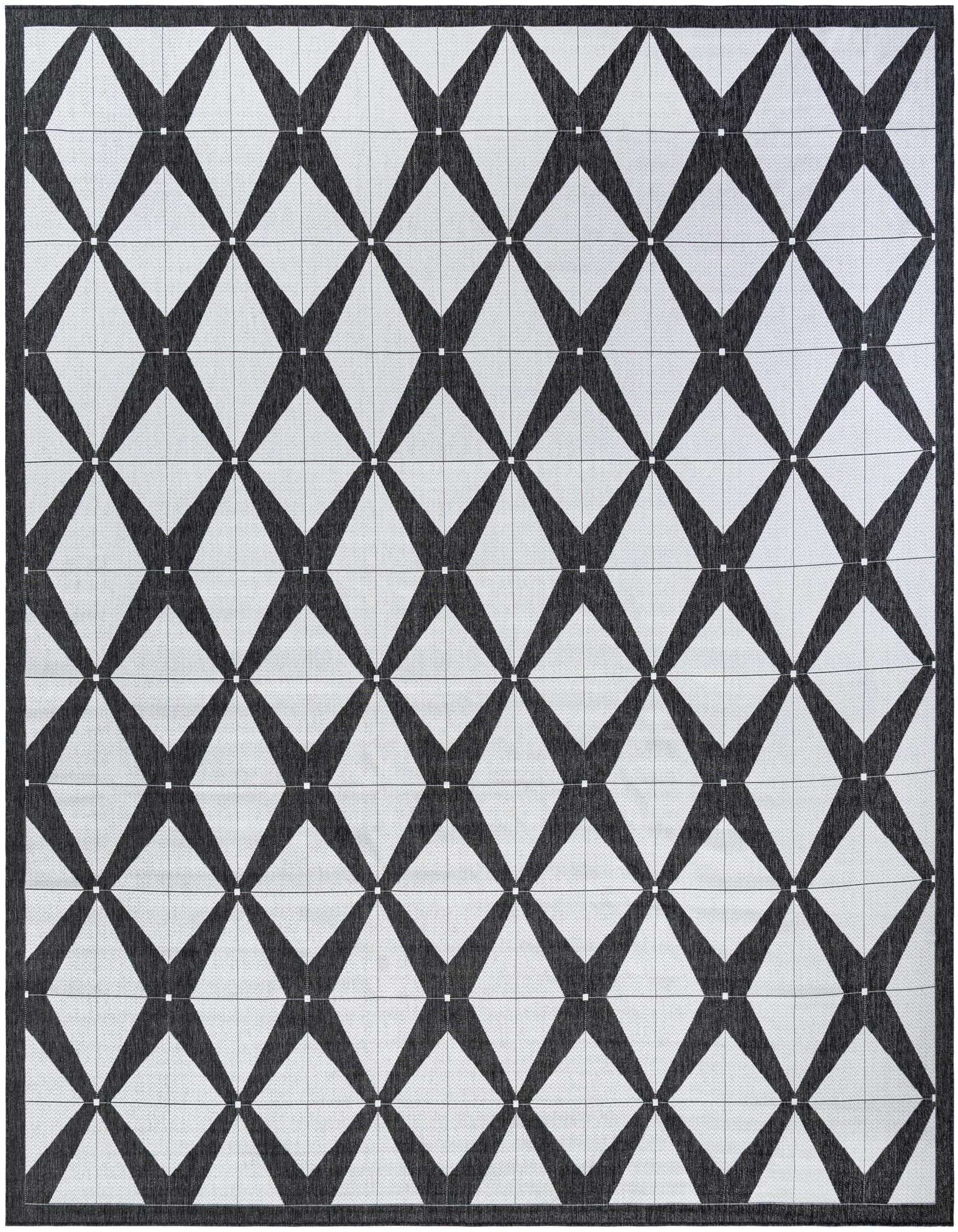 A 13' square black and white modern geometric outdoor rug with a repeating diamond pattern and thin border.