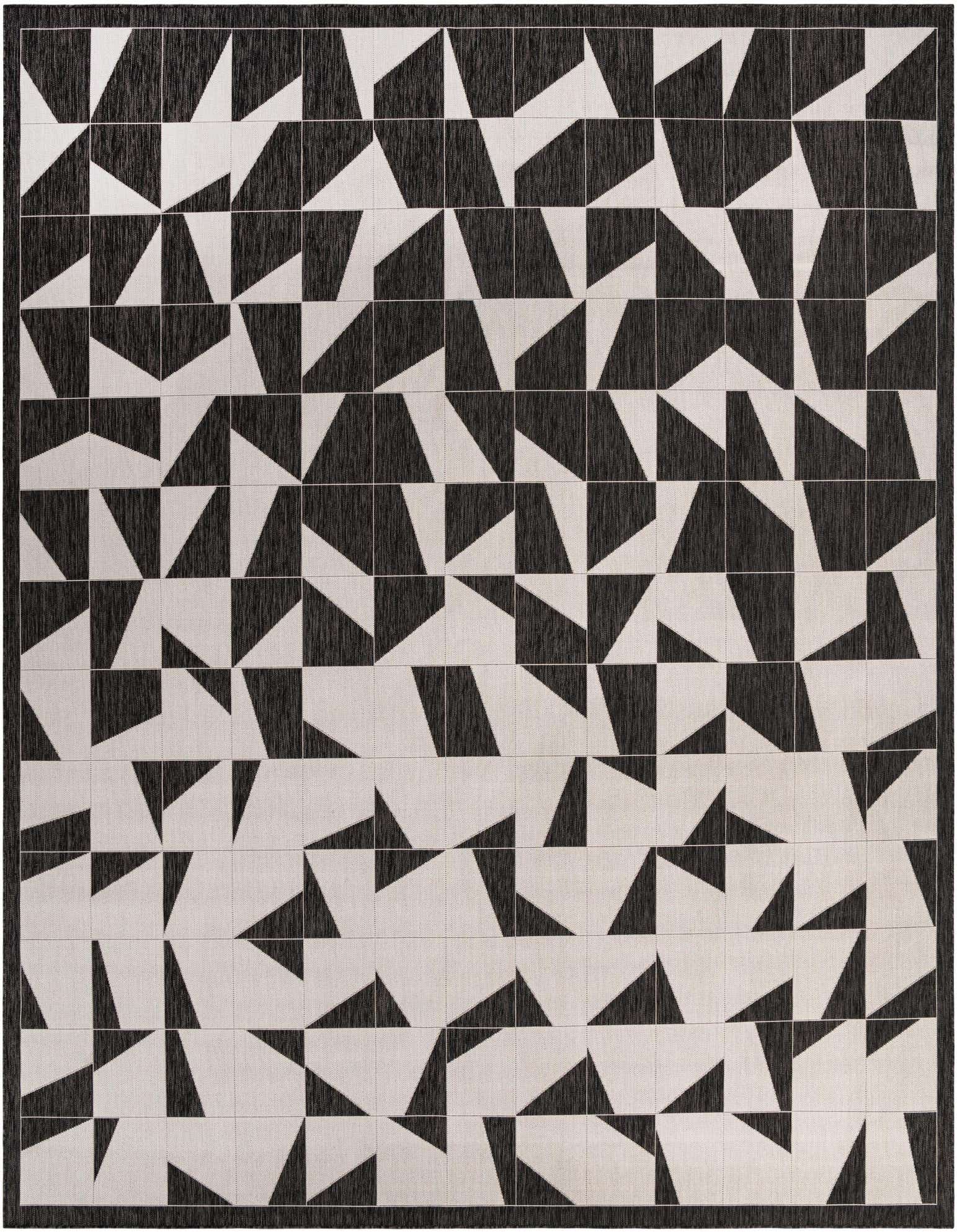 A 13' square black and white modern rug with a geometric pattern of alternating triangles and trapezoids, ideal for a patio.