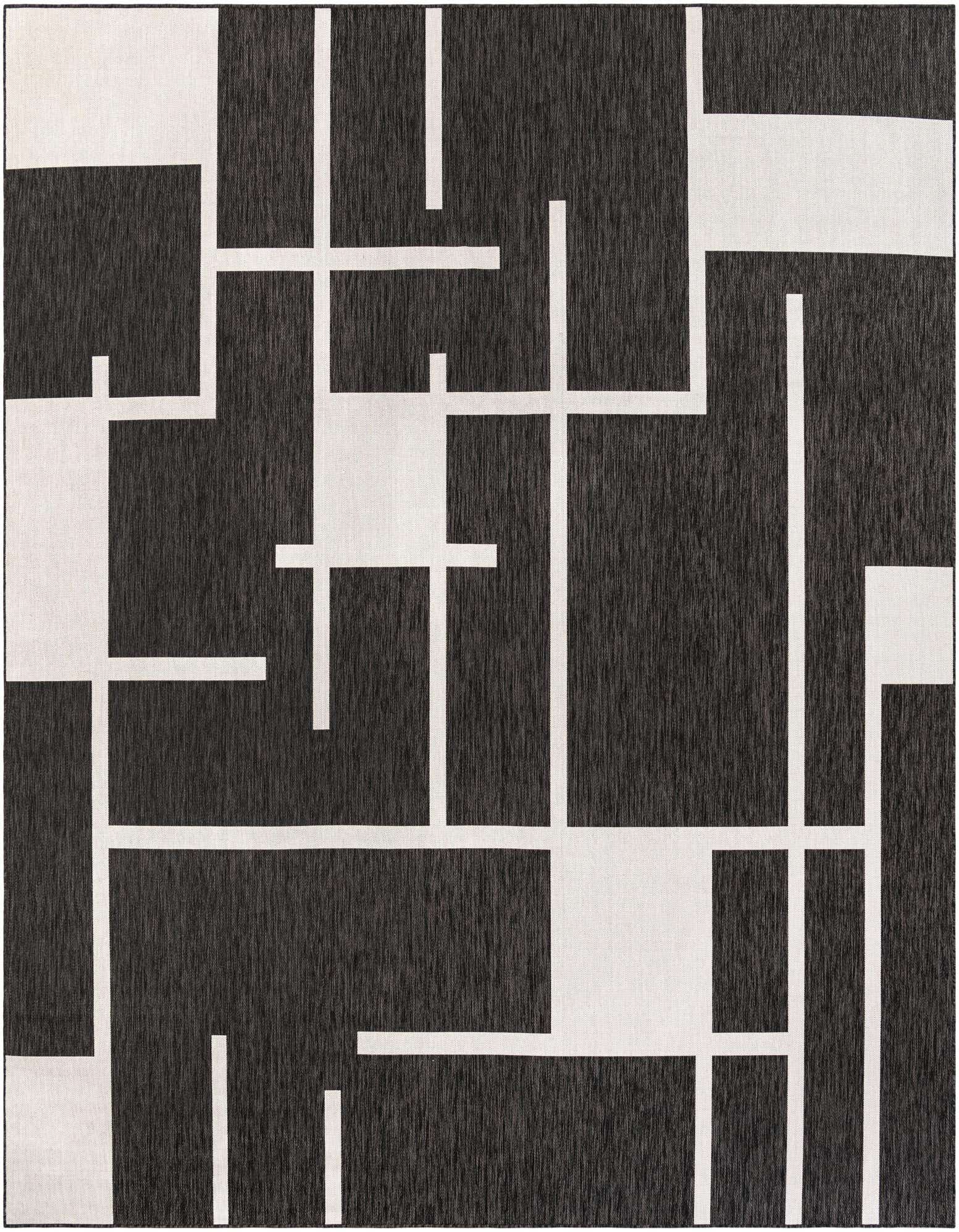 A 13' square black and white modern abstract rug with a geometric pattern of intersecting lines and rectangles.