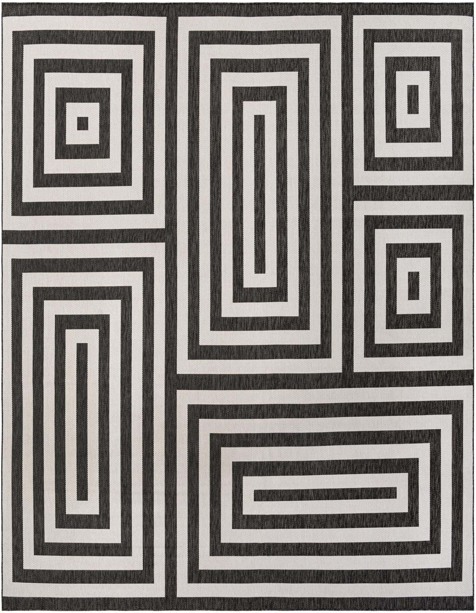 A 13' square black and white modern rug with a bold geometric stripe pattern, suitable for indoor or outdoor use.