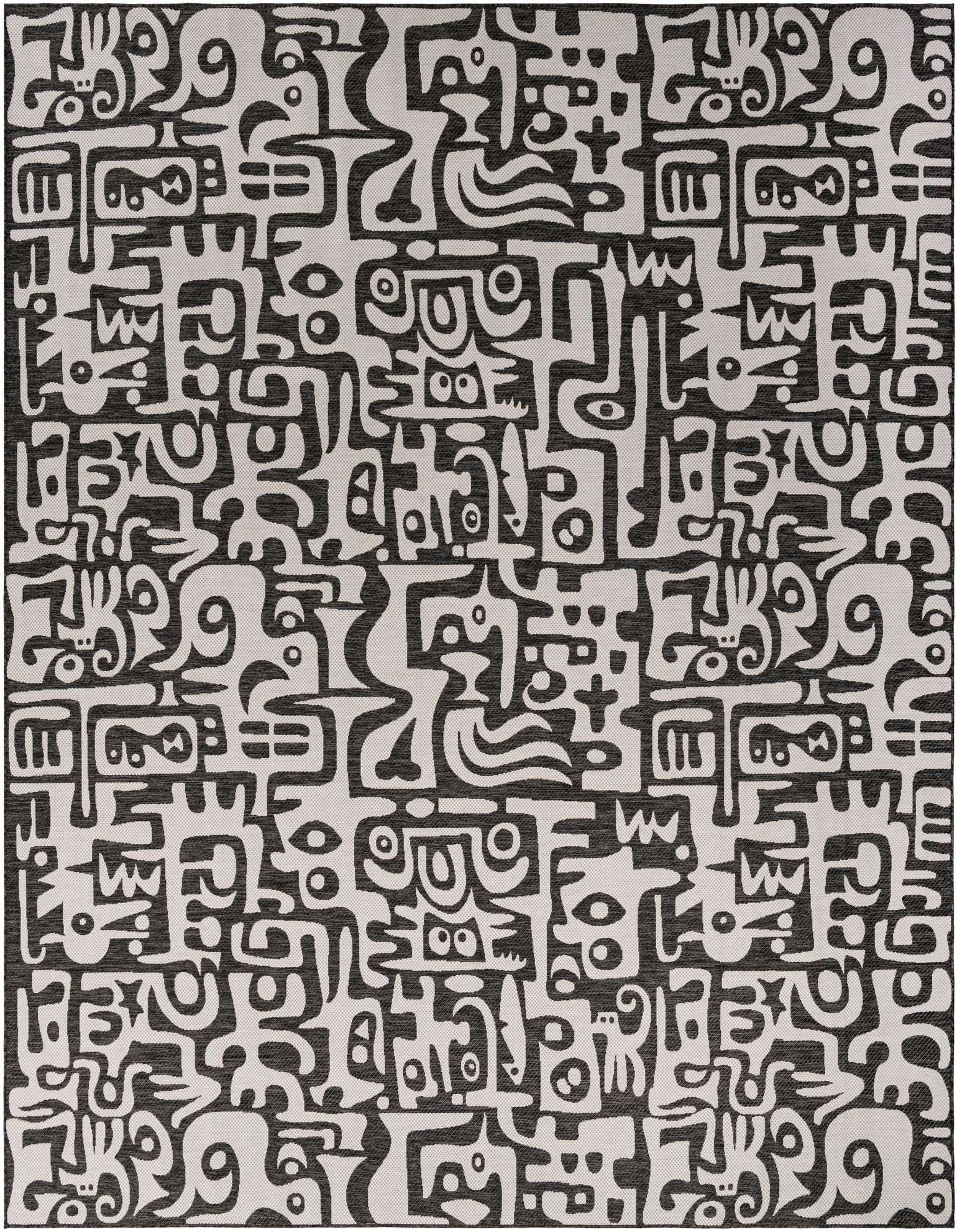 A 13' 0 x 13' 0 square black and white modern rug with an abstract, tribal-inspired pattern, suitable for indoor or outdoor use.
