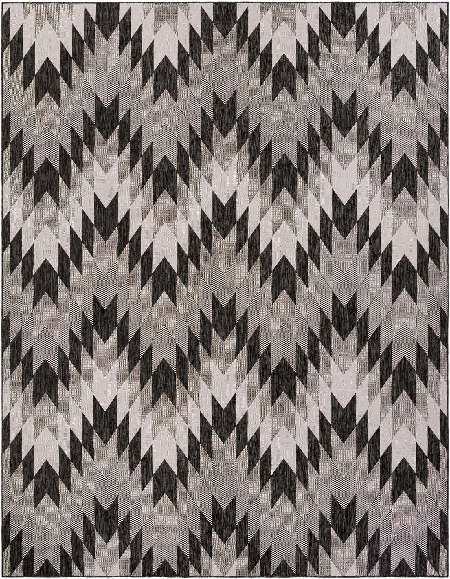 A 13' 0 x 13' 0 square black, white, and ivory modern abstract rug with a chevron pattern.