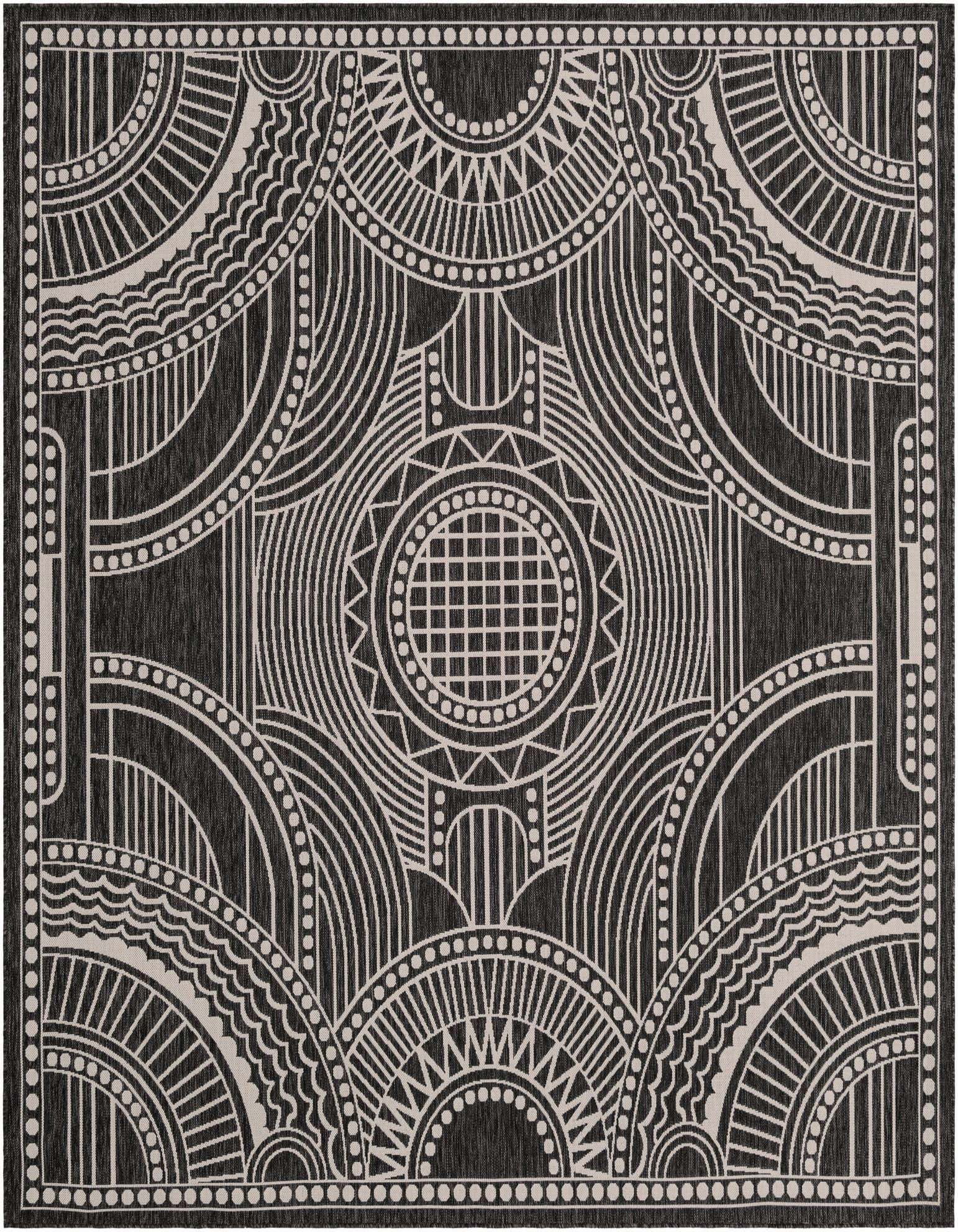 A 10'x10' square black and white outdoor rug with an intricate medallion and geometric pattern, ideal for a patio.