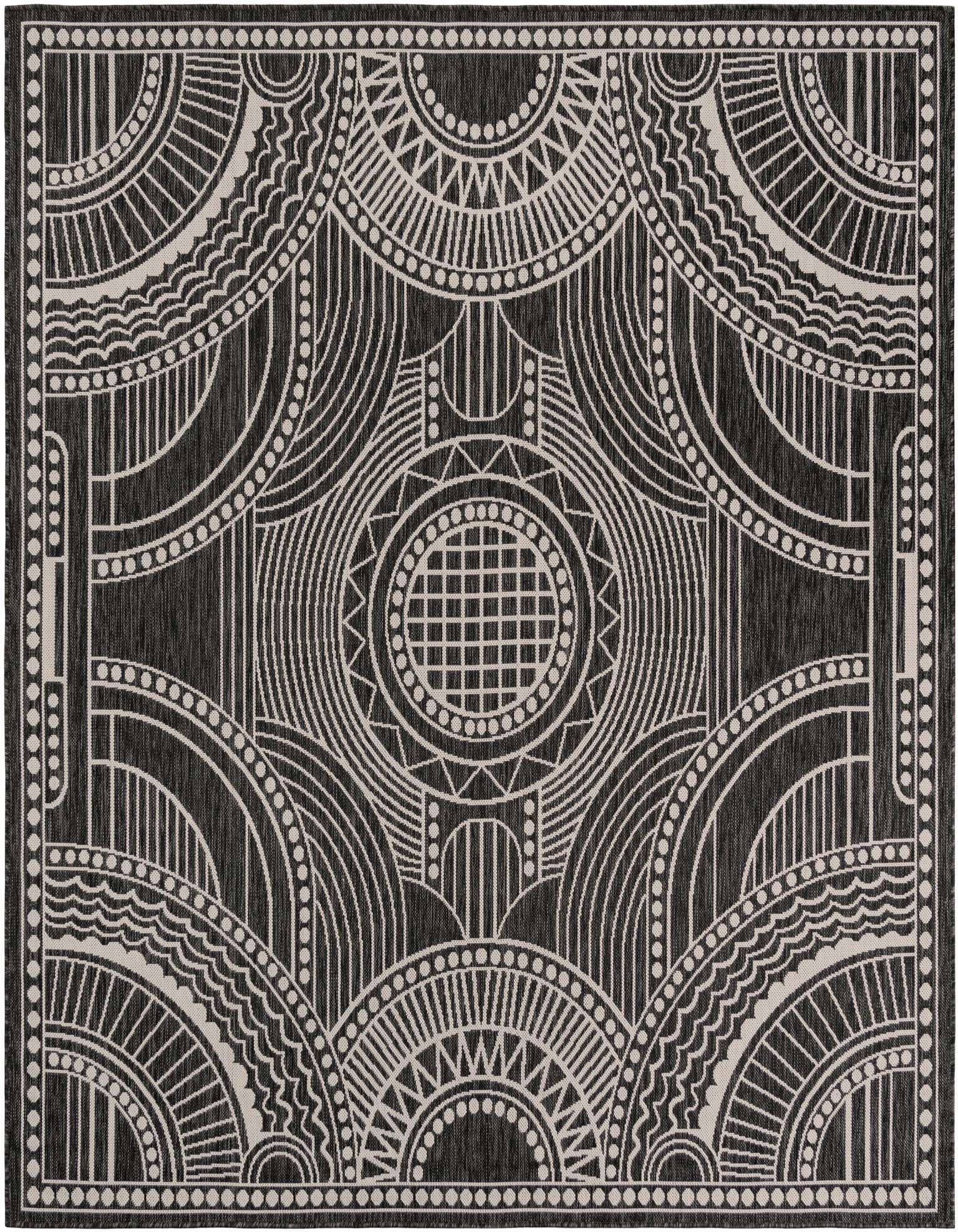 A black and white square rug featuring a bold contemporary medallion pattern with intricate geometric and circular designs.