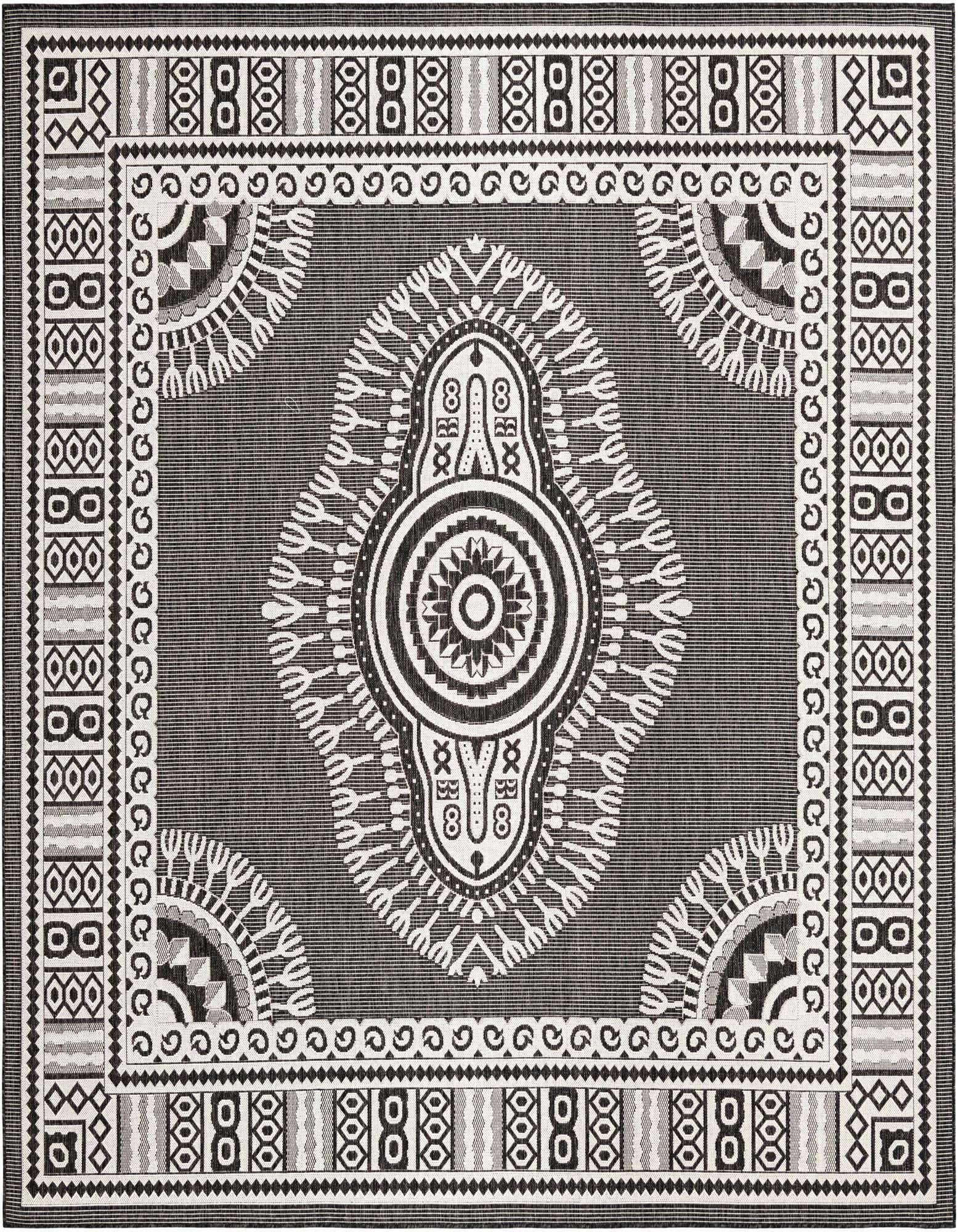 A 10'x10' square black and white traditional medallion rug with intricate patterns, suitable for indoor or outdoor use.