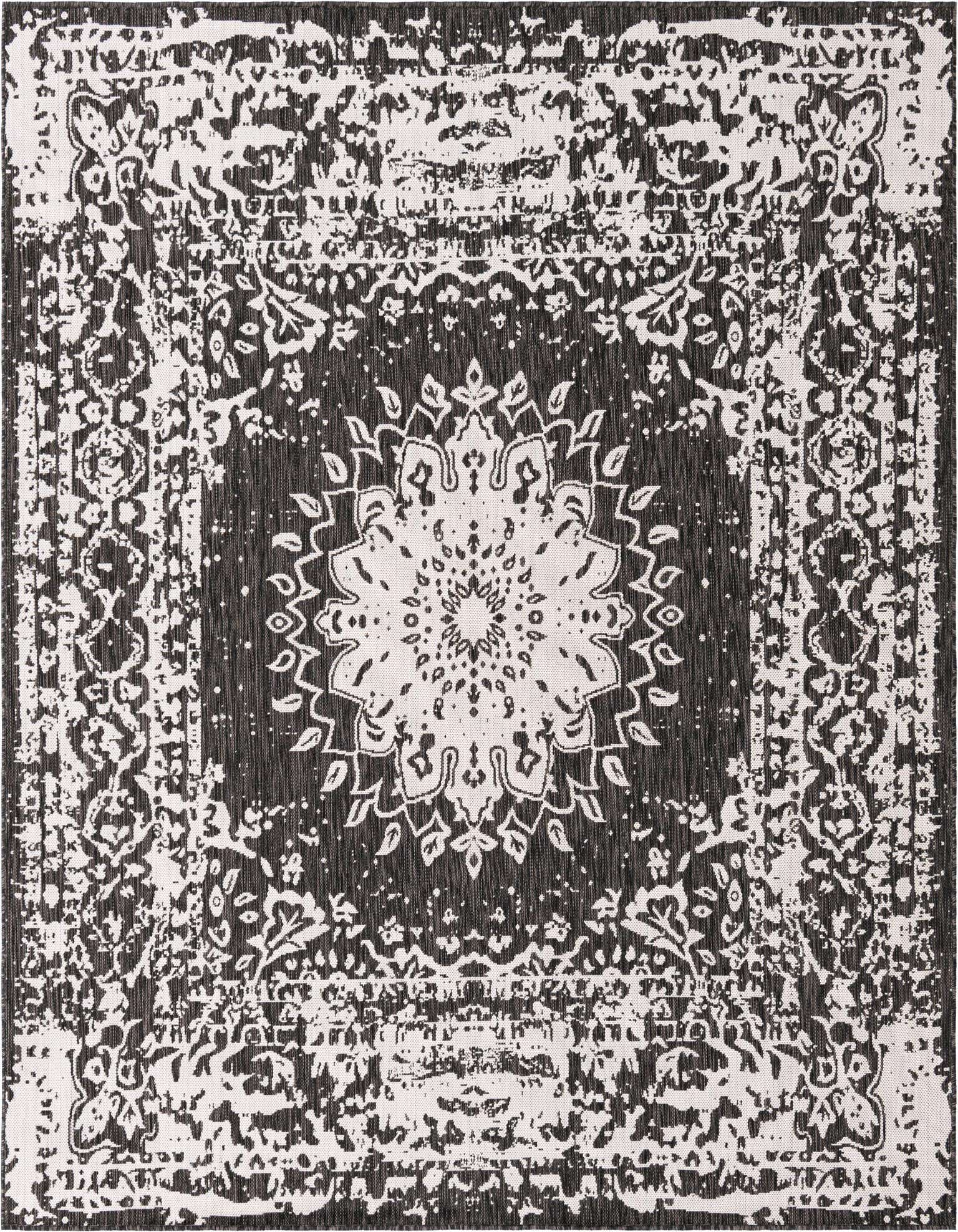 A 7' 10 x 7' 10 square black and white vintage medallion rug with a distressed traditional pattern, suitable for a patio.