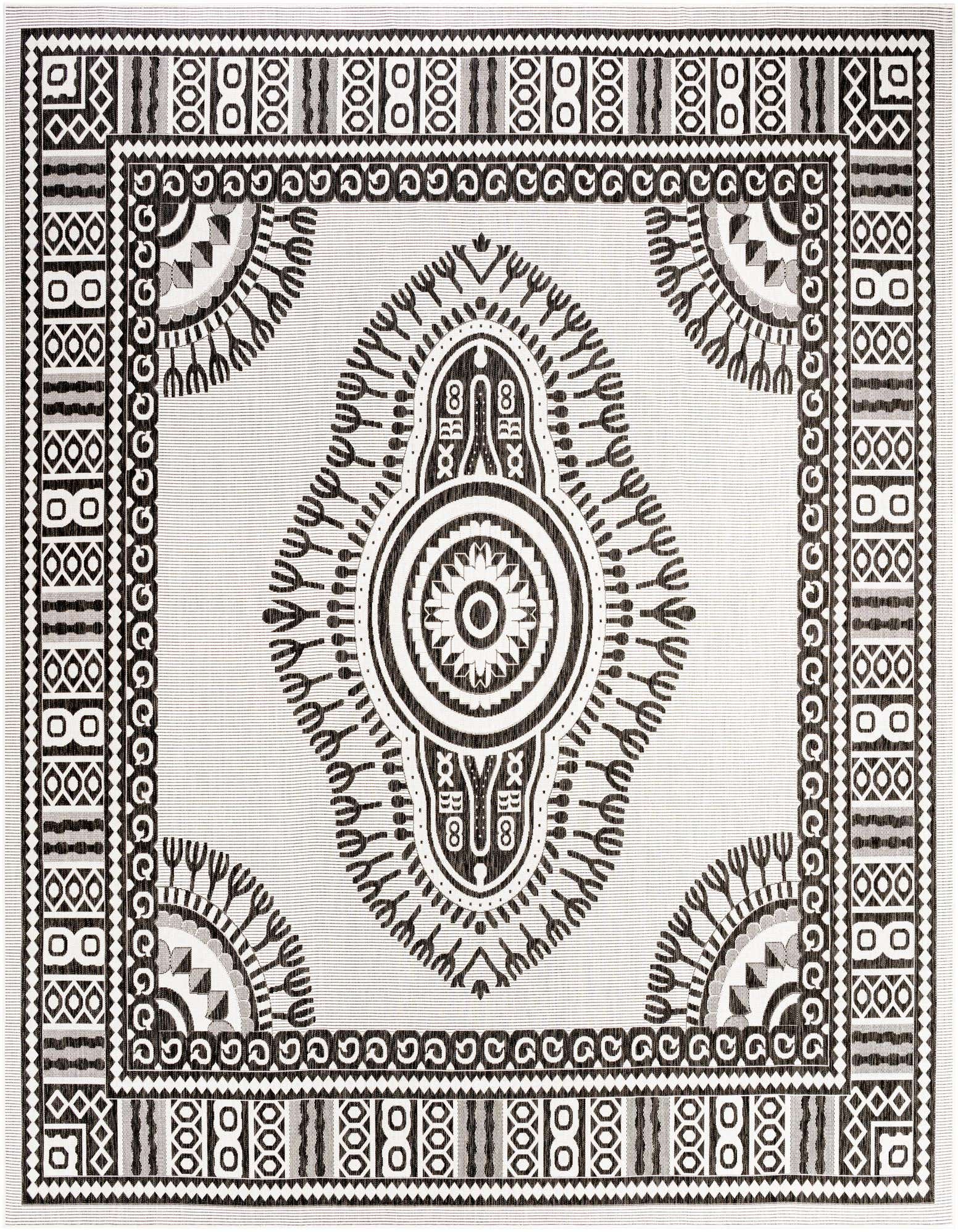A 13' square black and white outdoor rug featuring a large central medallion and intricate traditional patterns.