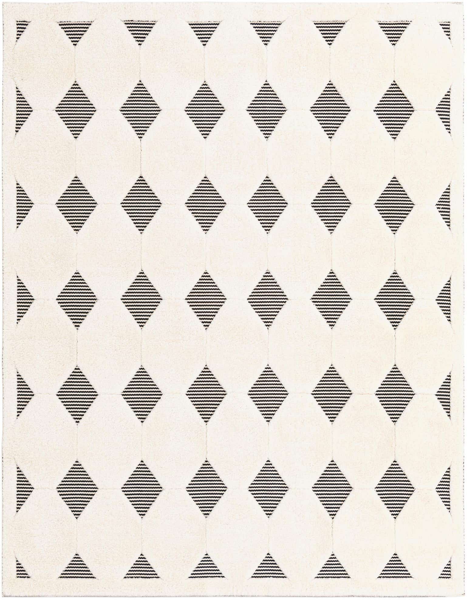 A square black and white rug featuring a repeating pattern of black striped diamonds on an ivory background.