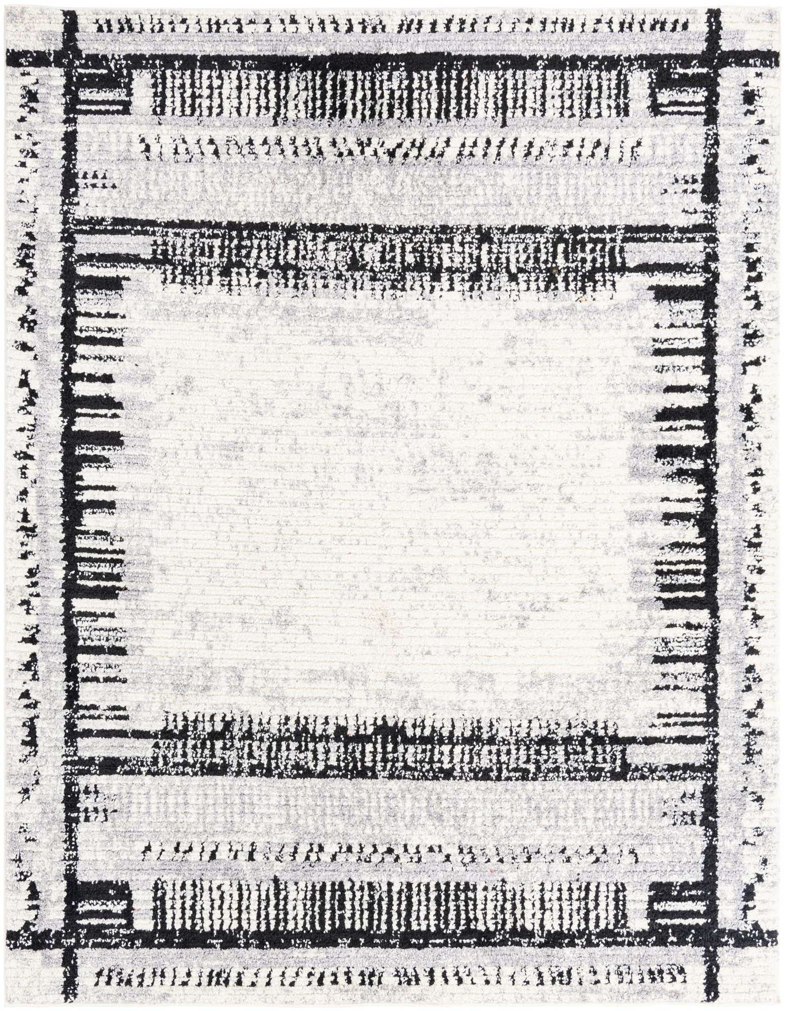A square black and white modern abstract rug with a textured pile, featuring a distressed geometric border.