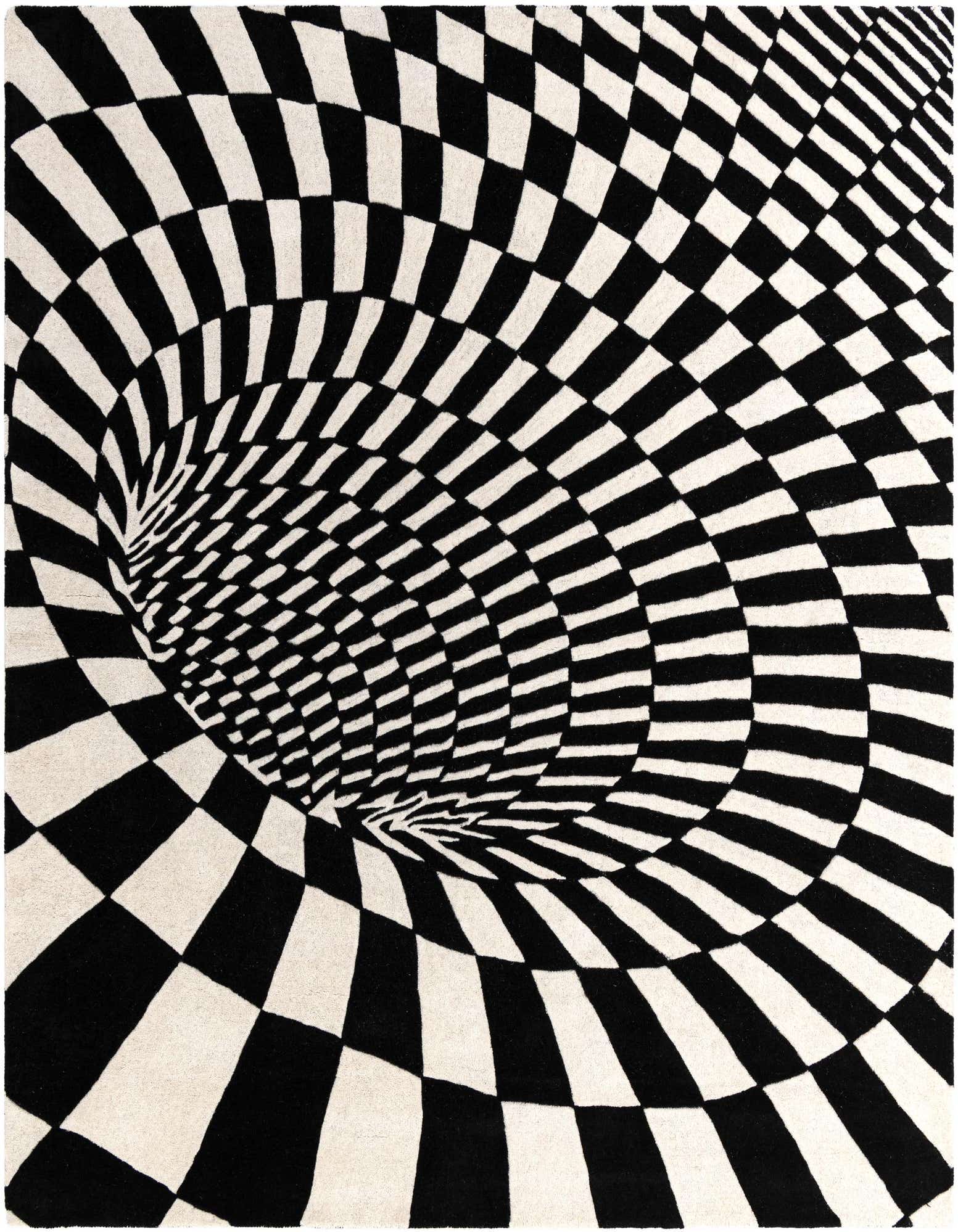 A square black and white rug featuring an optical illusion of a swirling vortex or tunnel, creating a captivating 3D effect.