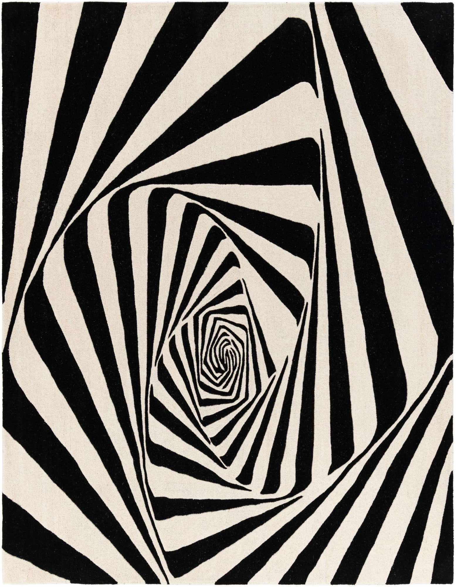 A square black and white rug featuring an optical illusion vortex pattern, spiraling inwards.