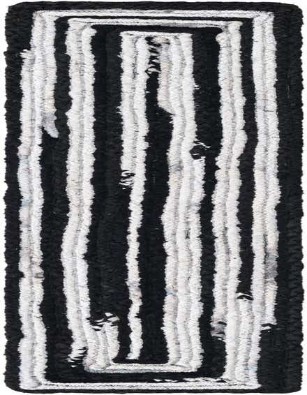 A 1' 2 x 6' 1 black and white braided chindi runner rug with vertical stripes and a rectangular border.