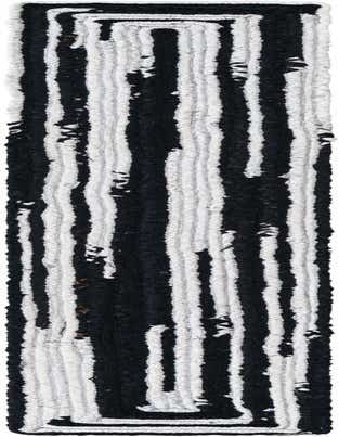 A 1' 2 x 8' 0 black and white braided chindi runner rug with an abstract, textured stripe pattern.