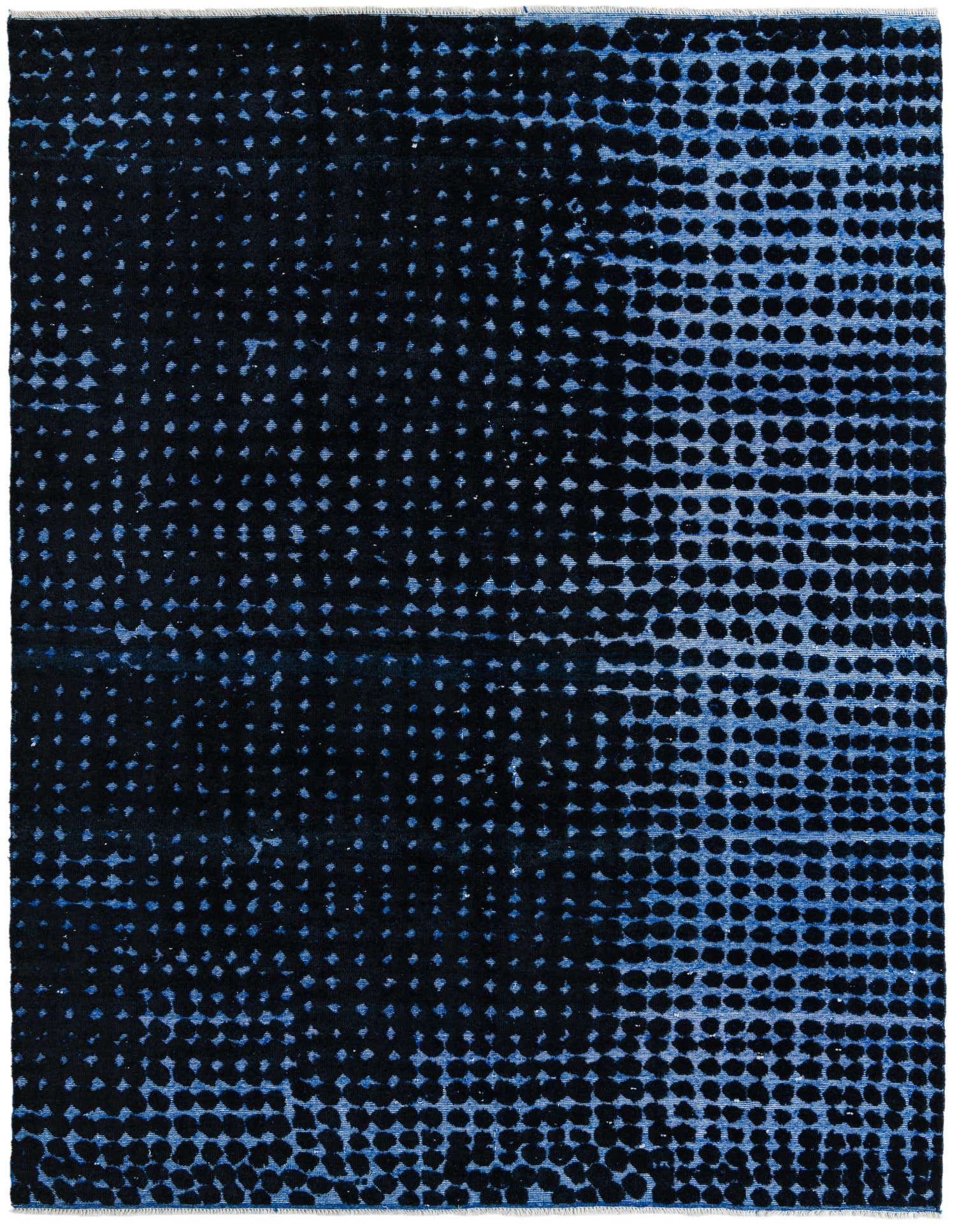 An 8x10 rectangular Darya rug with a modern abstract pattern in black and blue, featuring a textured, dotted design.