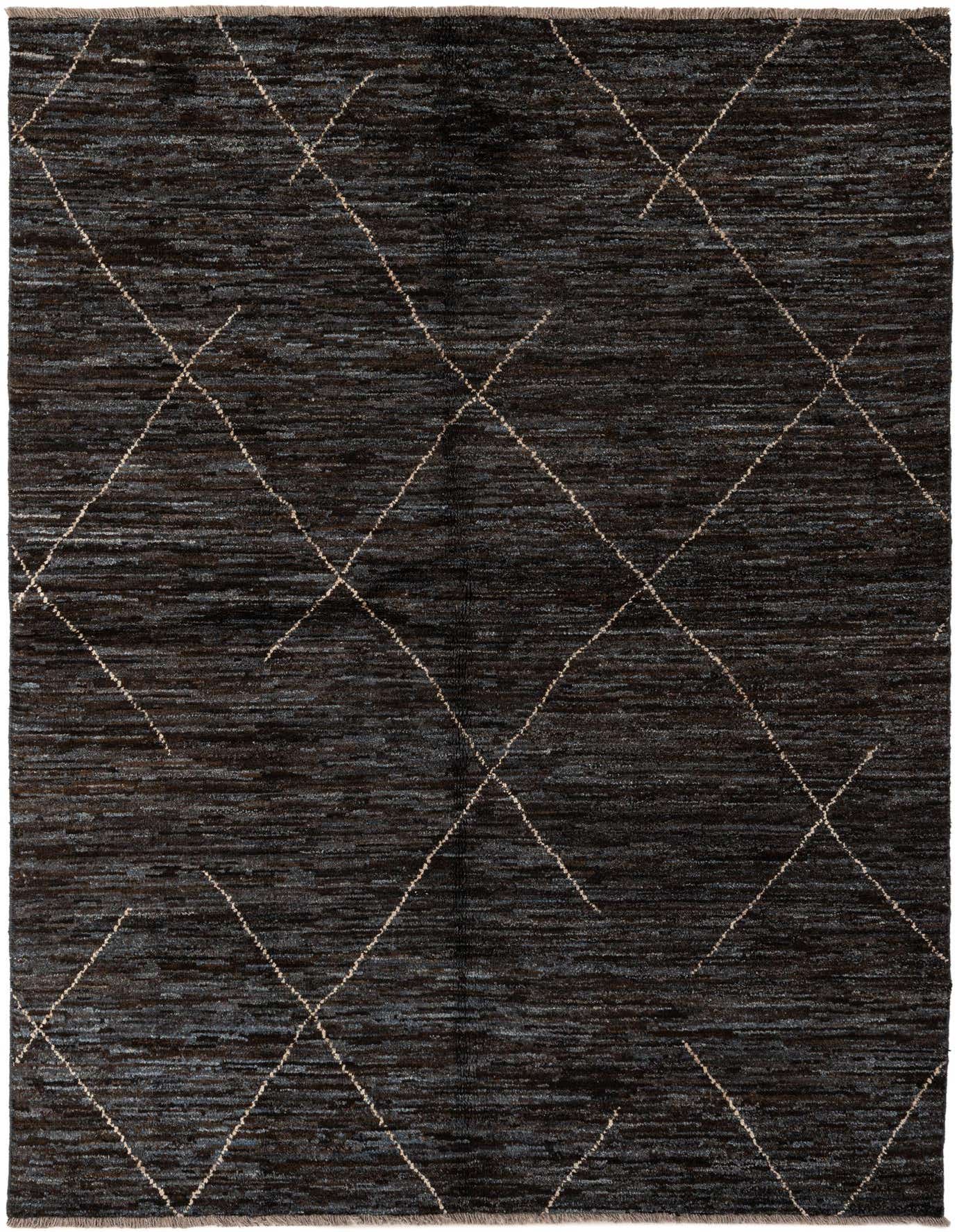 A 5x7 rectangular black and blue wool rug featuring a tribal diamond pattern, ideal for modern indoor spaces.