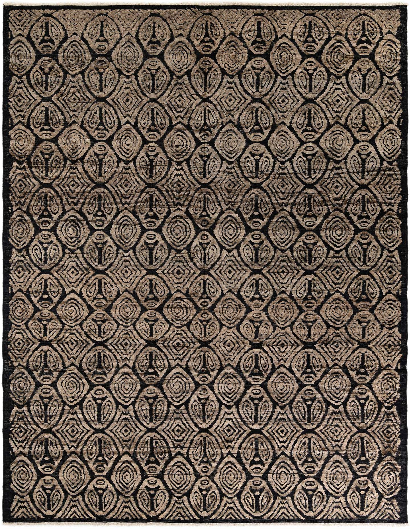 A 9x12 rectangular Darya rug with a modern black and brown geometric pattern, handmade from wool.
