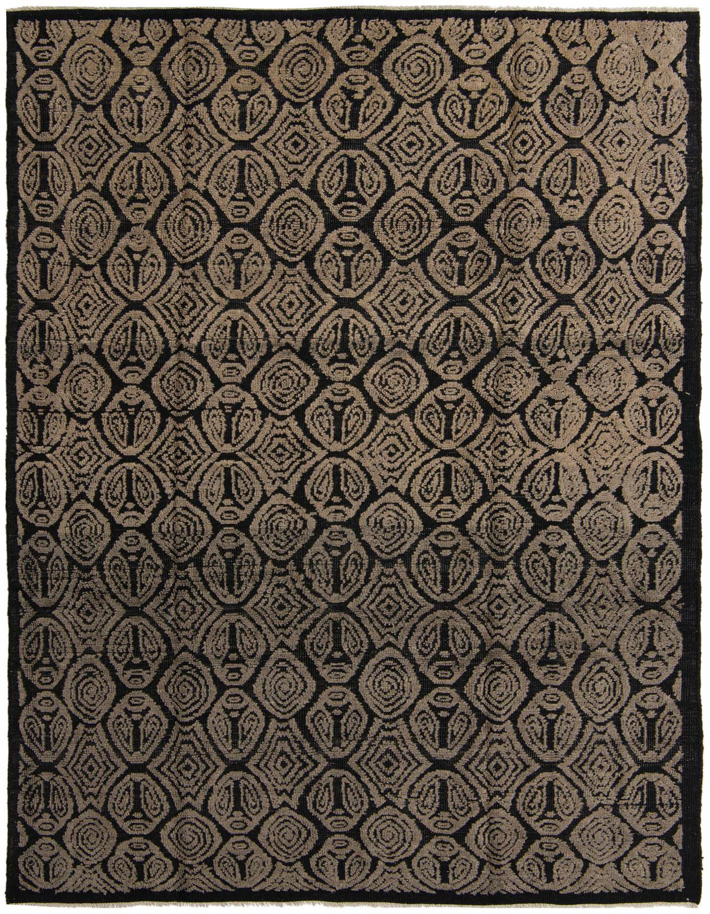 A rectangular 8x11 black and brown wool rug with an abstract, modern oriental pattern featuring textured, interlocking oval and diamond shapes.