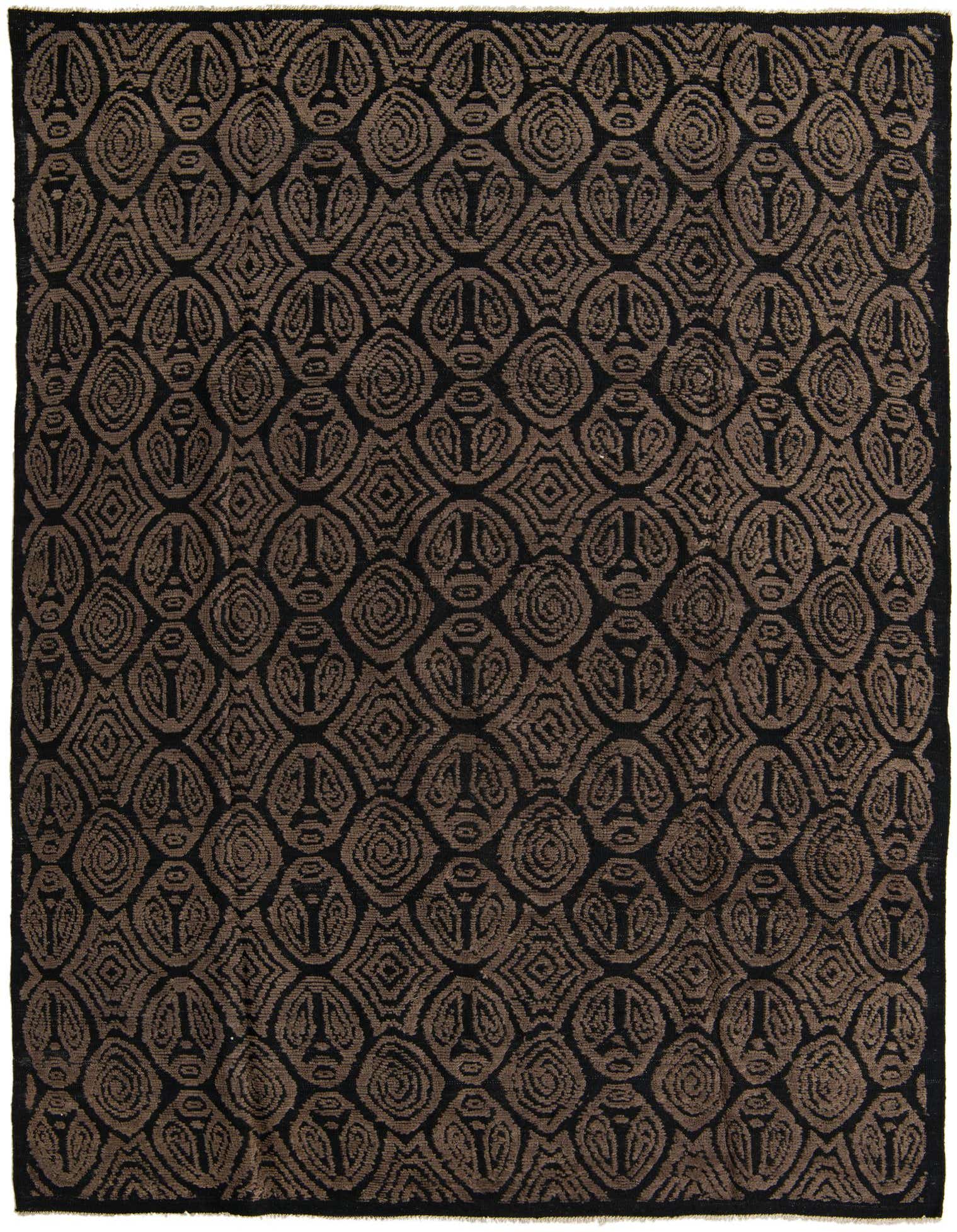 A rectangular 8x10 black and brown wool rug with a modern abstract pattern and textured pile.