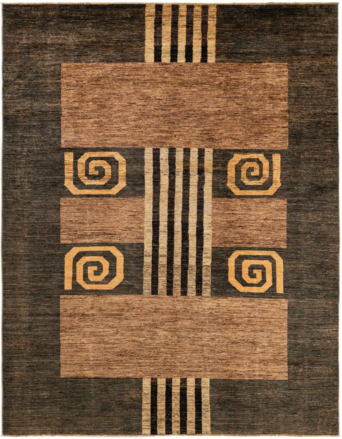 A 6x9 rectangular Modern Ziegler rug featuring a black-brown base with abstract geometric patterns in tan and black stripes, and spiral motifs.