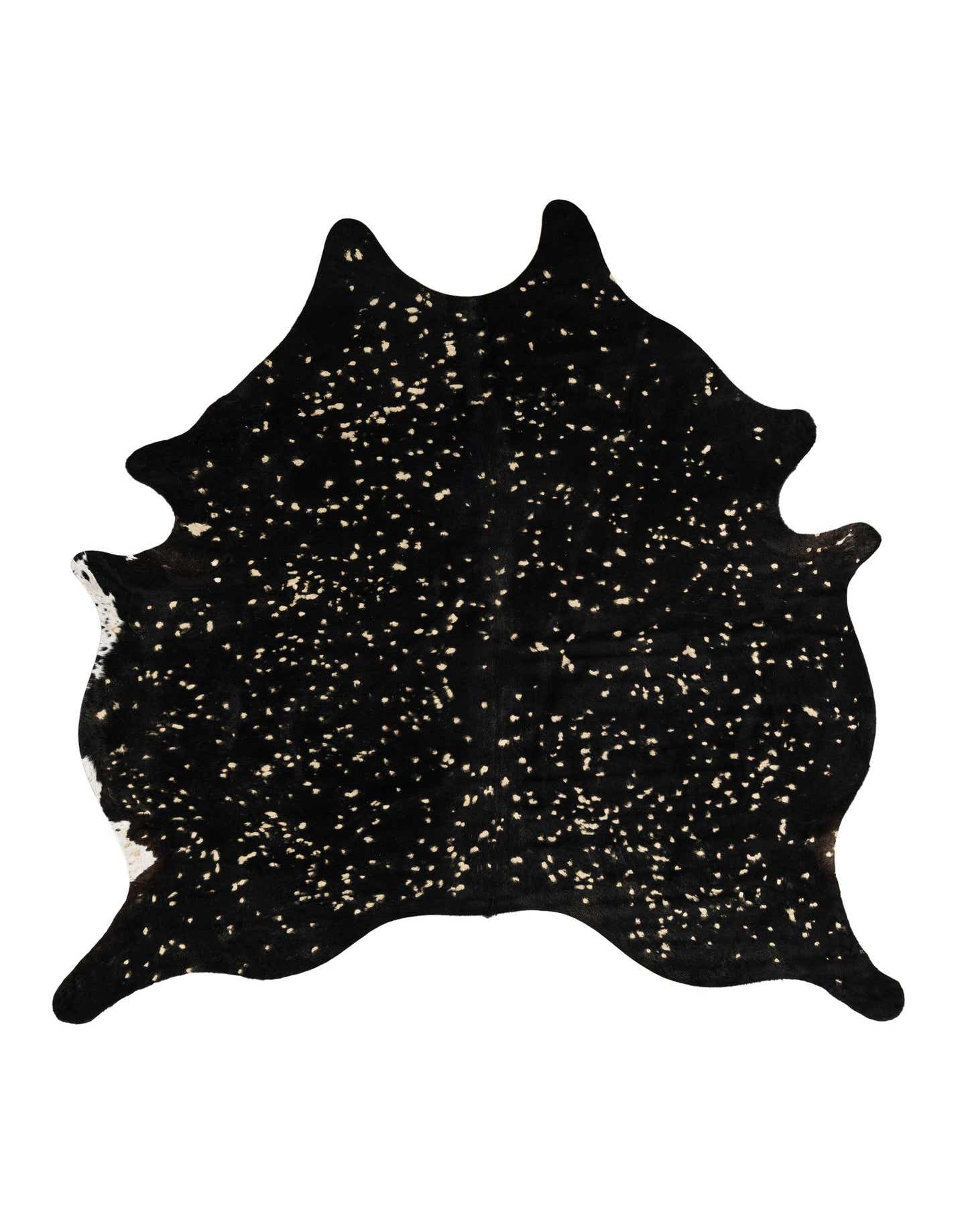 A black freeform cowhide rug with scattered light brown speckles, showcasing its unique, natural shape.
