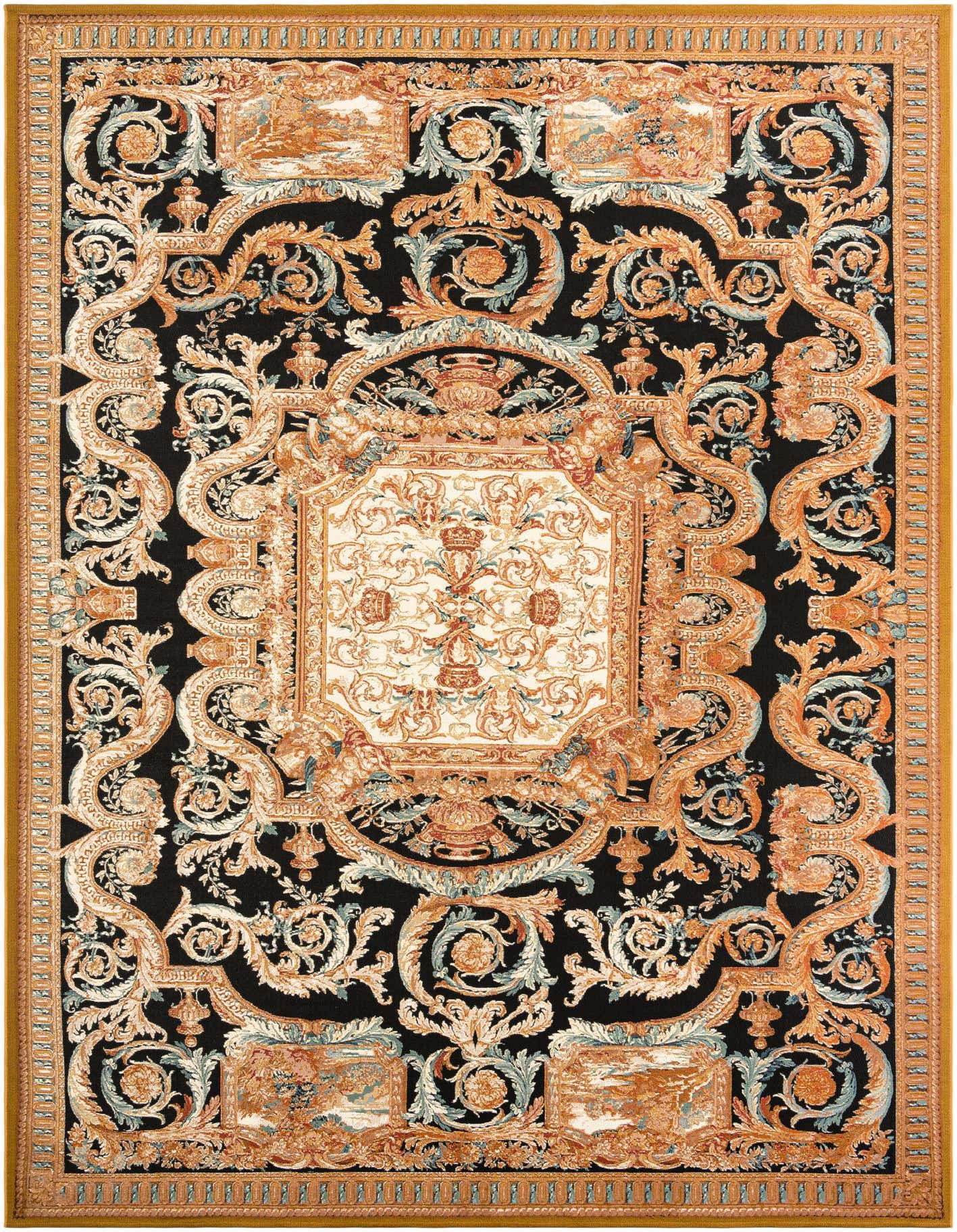 A 10x14 rectangular black, gold, and brown traditional outdoor rug with an ornate medallion pattern.