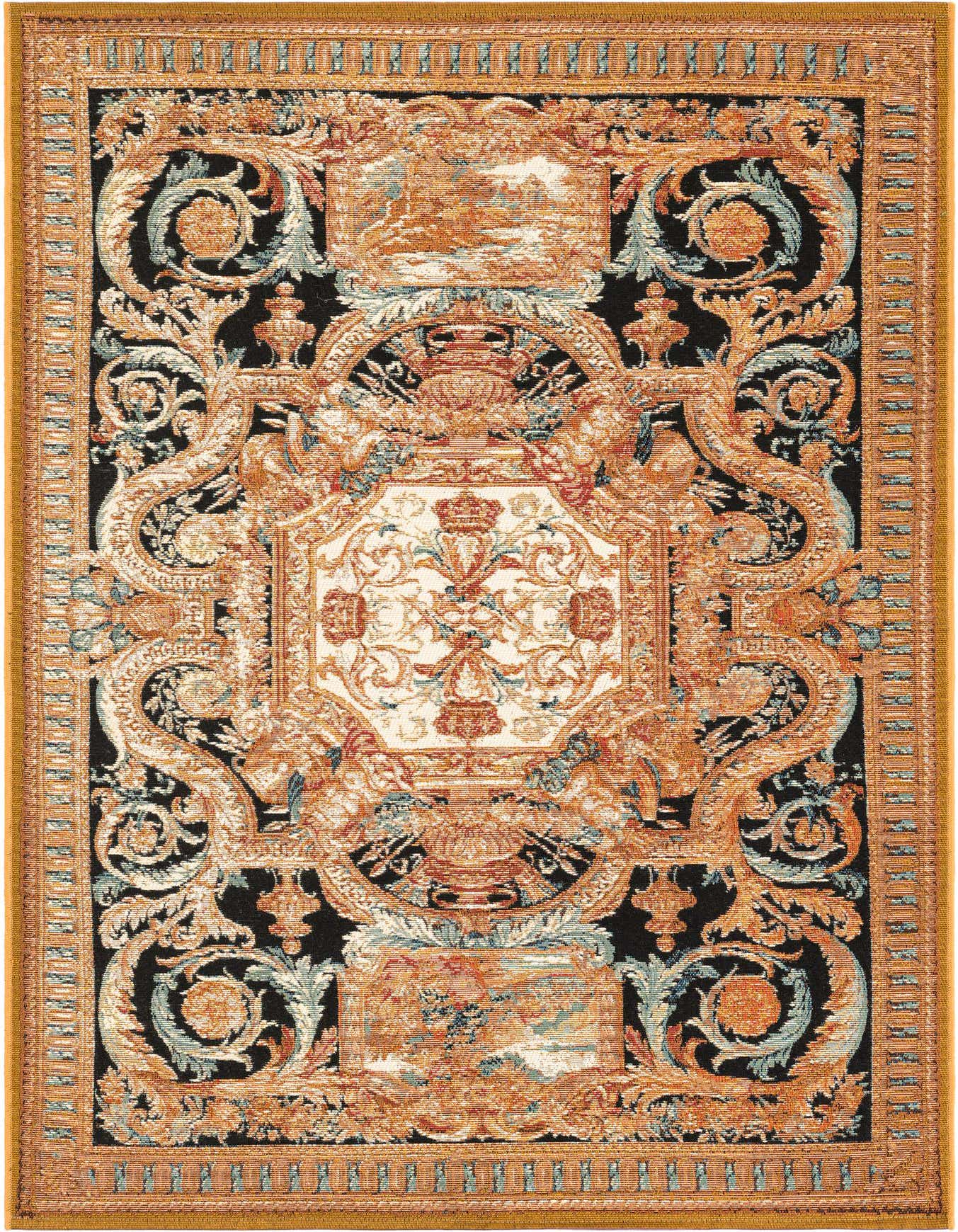 A 4x6 rectangular black, gold, and brown Oriental rug with an intricate medallion and floral pattern, suitable for indoor/outdoor use.