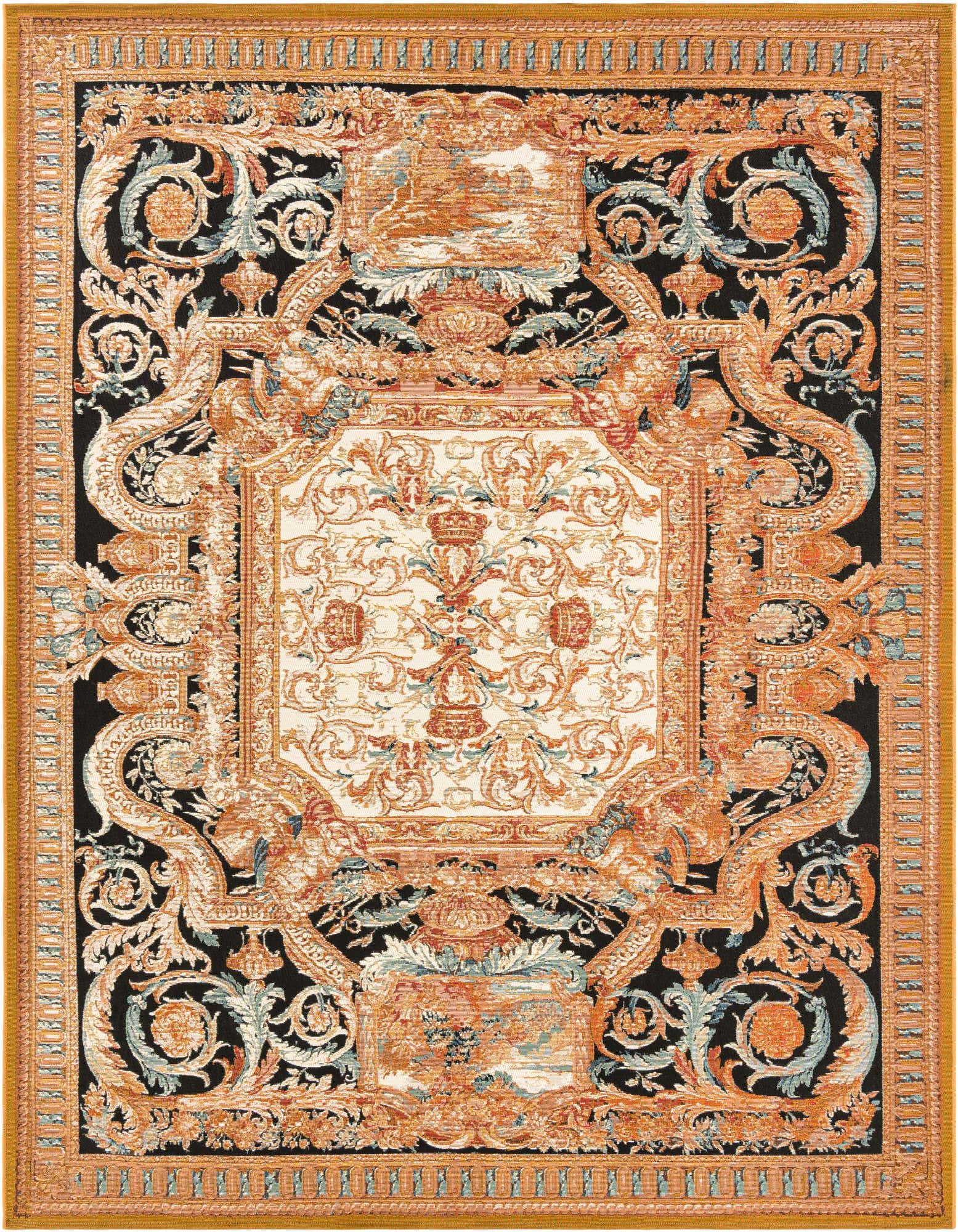 An 8x10 rectangular black, gold, and brown traditional rug with an intricate medallion and ornate border.
