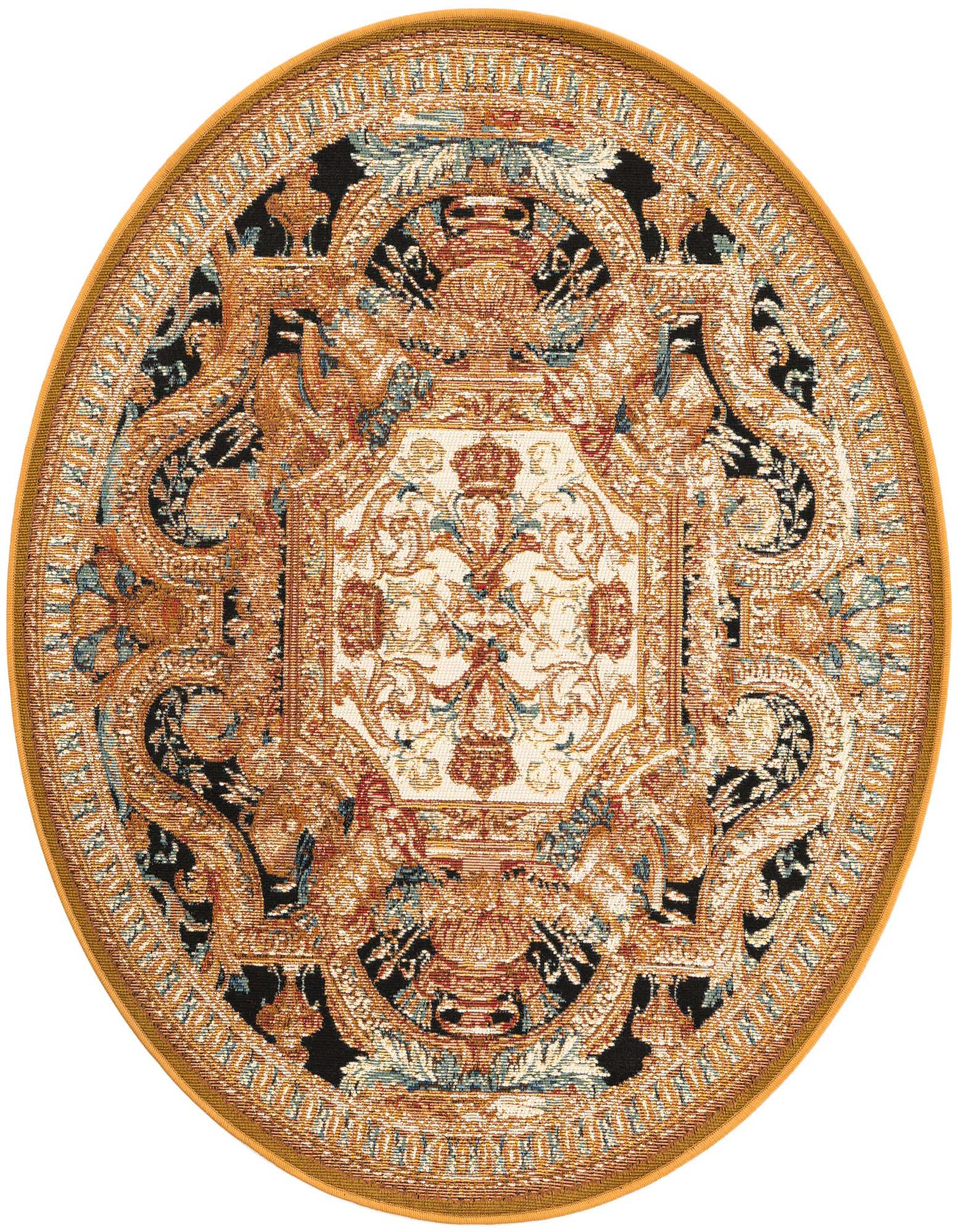 A 4' round black, gold, and brown Oriental rug with a central medallion and ornate border, suitable for indoor or outdoor use.