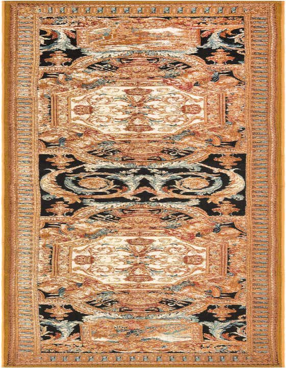 A 10 ft runner rug featuring a black background with intricate gold, brown, and light blue traditional Oriental patterns, ideal for a hallway or patio.