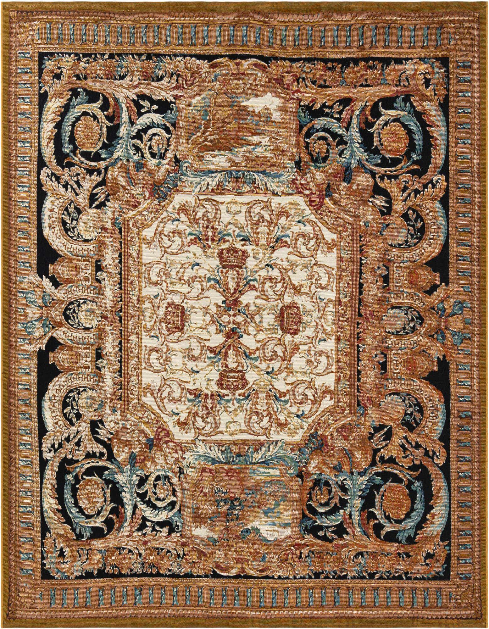A square black, gold, and brown Oriental rug with a detailed medallion and ornate floral patterns, suitable for a patio.