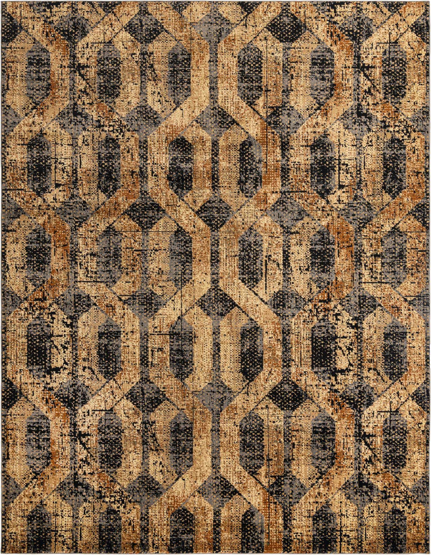 A 10x14 rectangular Rugs.com Saturn rug featuring a distressed modern trellis pattern in black, gray, and gold tones.