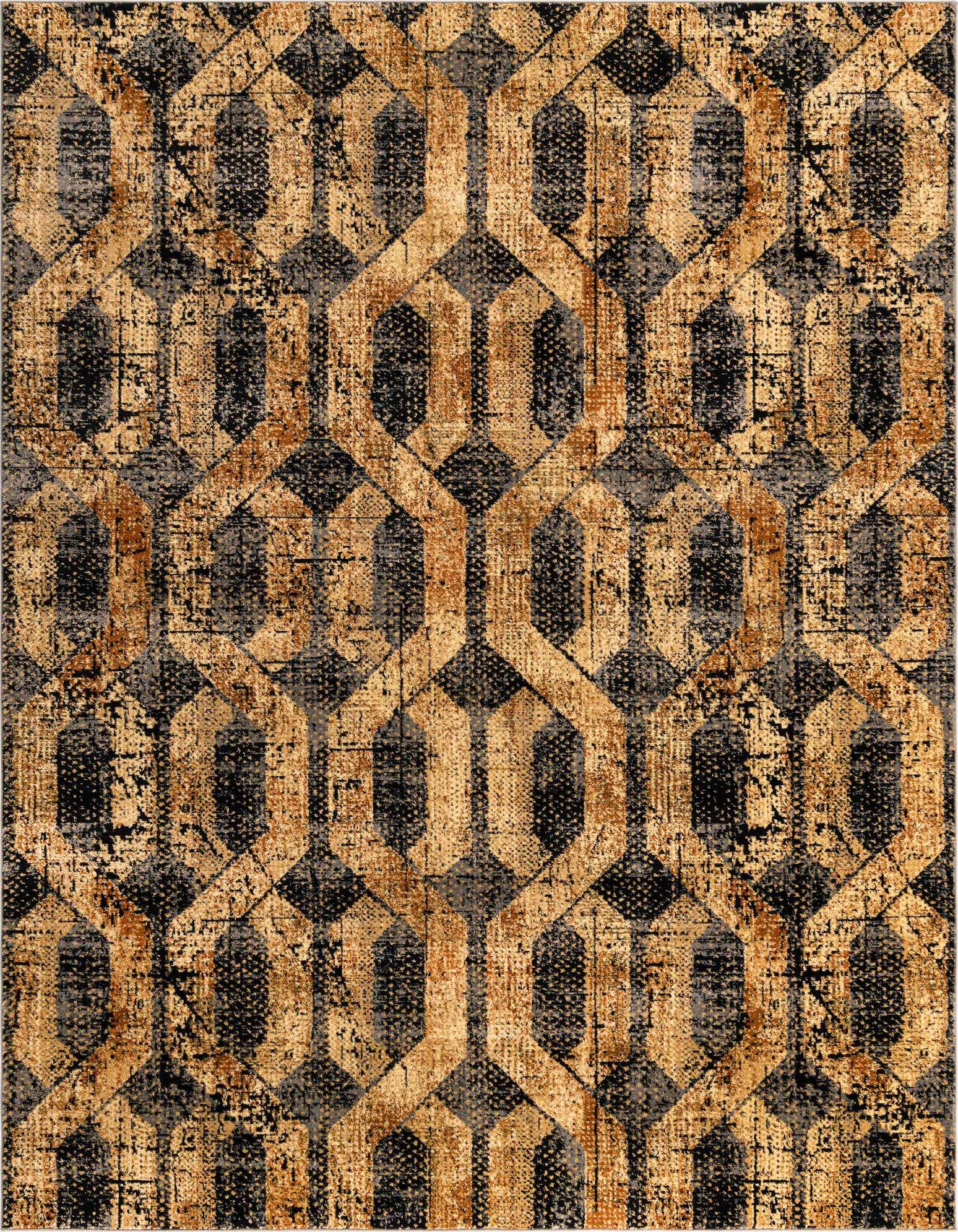 A rectangular 8x10 black and gray modern trellis rug with a distressed vintage look, suitable for a living room.