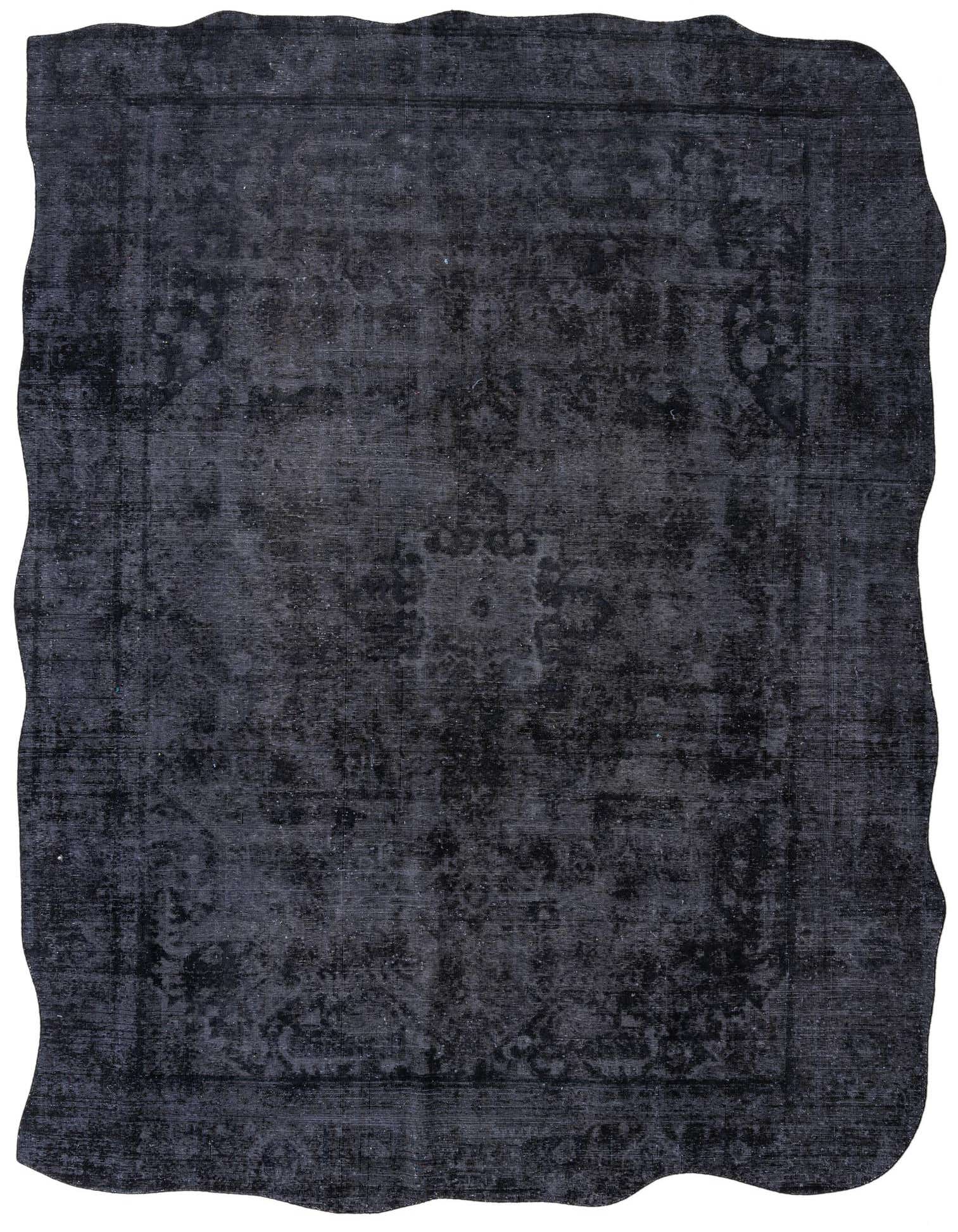 A 9x12 rectangular black and gray vintage Persian wool rug with an abstract, distressed pattern, suitable for a living room.