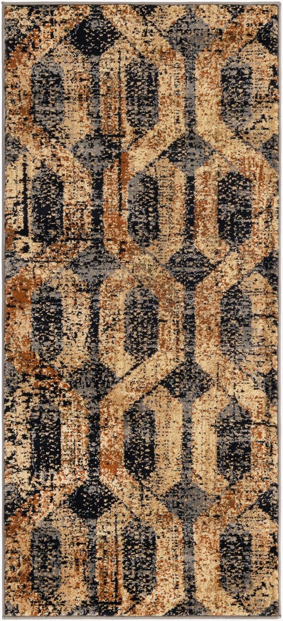 A 5 ft runner rug featuring a distressed modern trellis pattern in black, gray, and warm gold tones, ideal for a hallway.