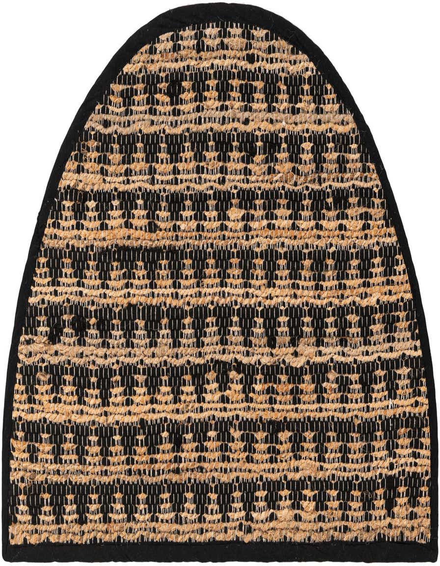 A 2' 2 x 3' 7 hearth-shaped rug featuring a natural jute and black denim woven pattern with a solid black border.