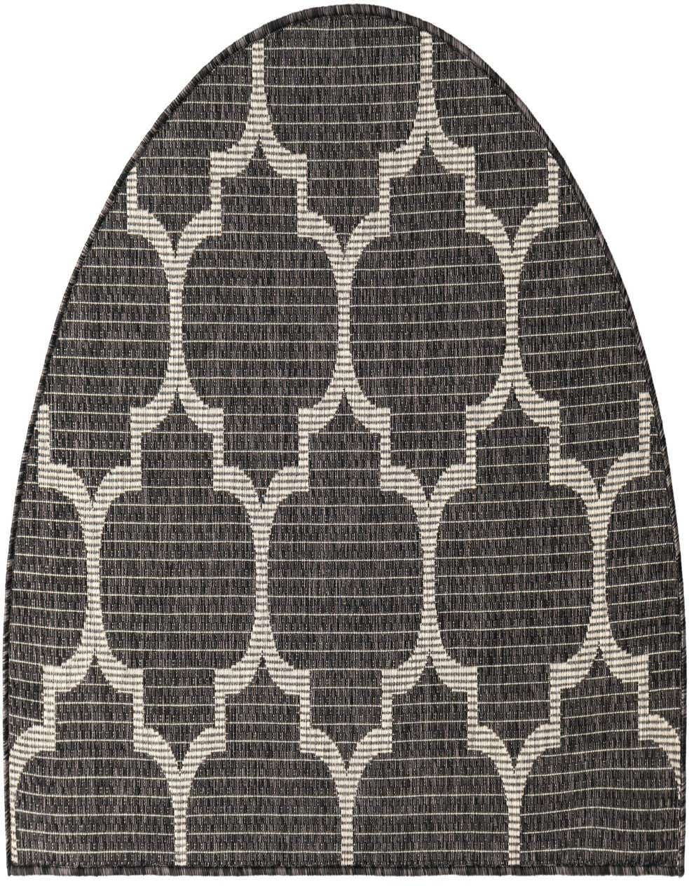 A 2' 7 x 4' 0 hearth-shaped black and white trellis rug, suitable for indoor/outdoor use.