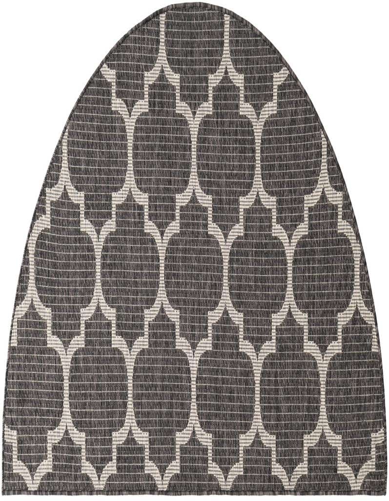 A 3'x6' black and white hearth rug with a modern trellis pattern, suitable for indoor or outdoor use.