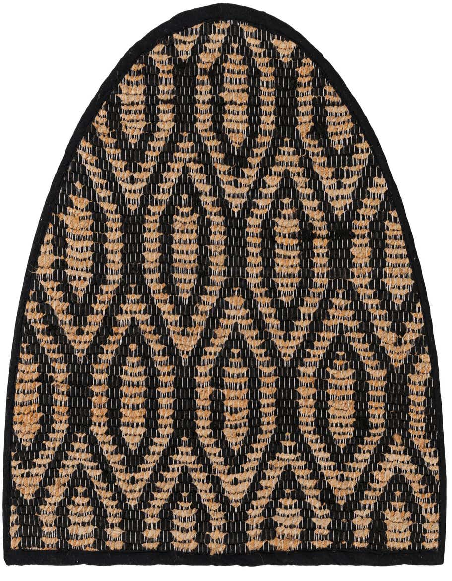 A 2' 2 x 3' 7 hearth rug with a black and natural tan geometric pattern made from woven jute and denim.