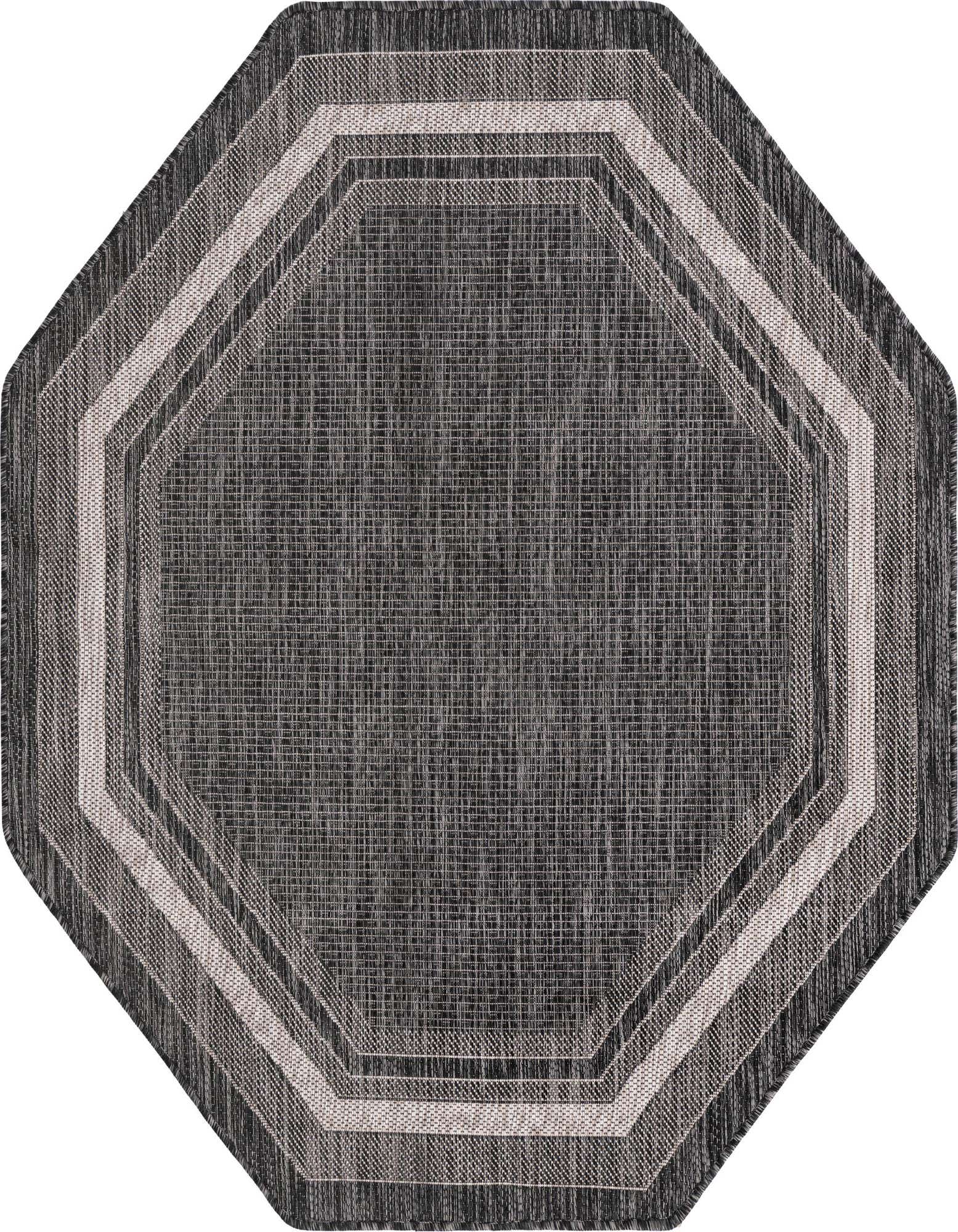 Octagon-shaped black and grey flatweave rug with a modern solid border design, suitable for indoor/outdoor use.