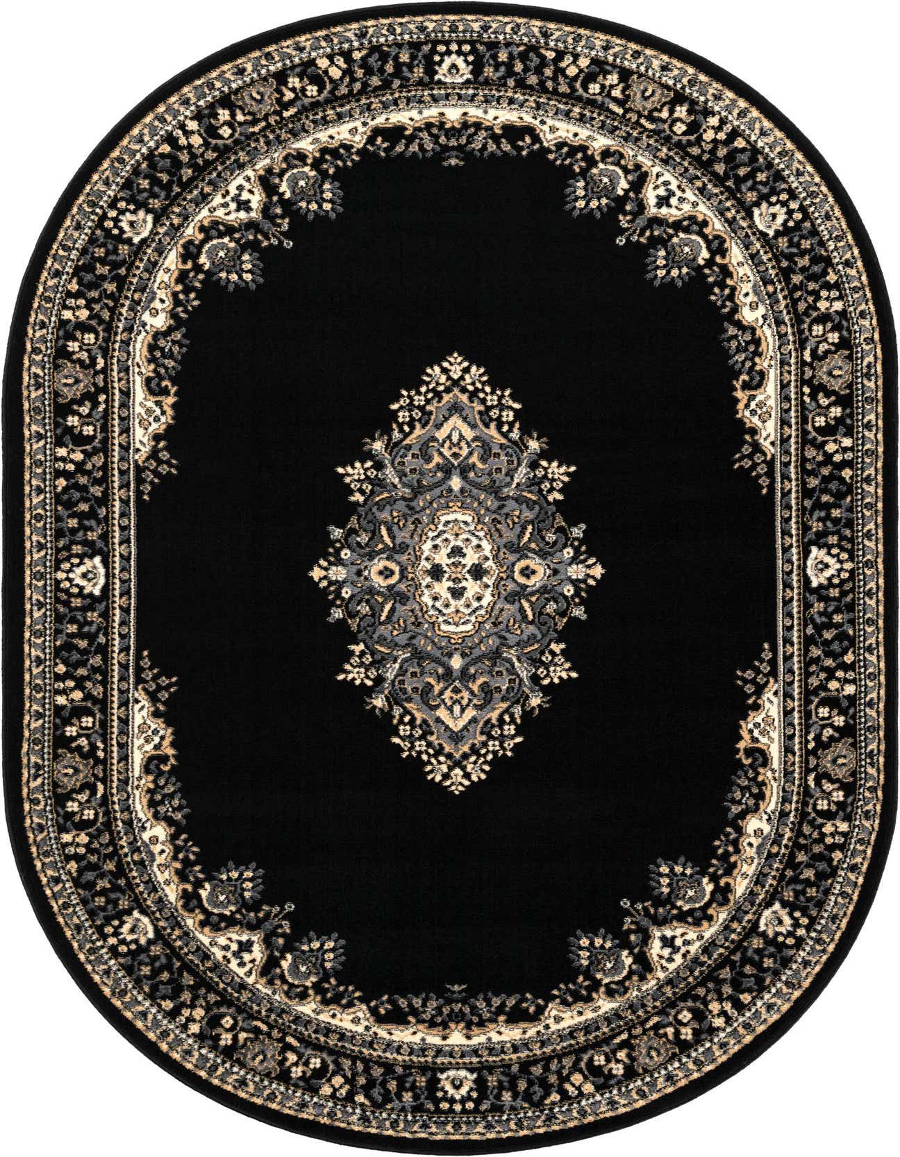 A 5' 3 x 8' 0 oval black rug with a central medallion and ornate border in cream, beige, and gray, featuring an Oriental vintage pattern.
