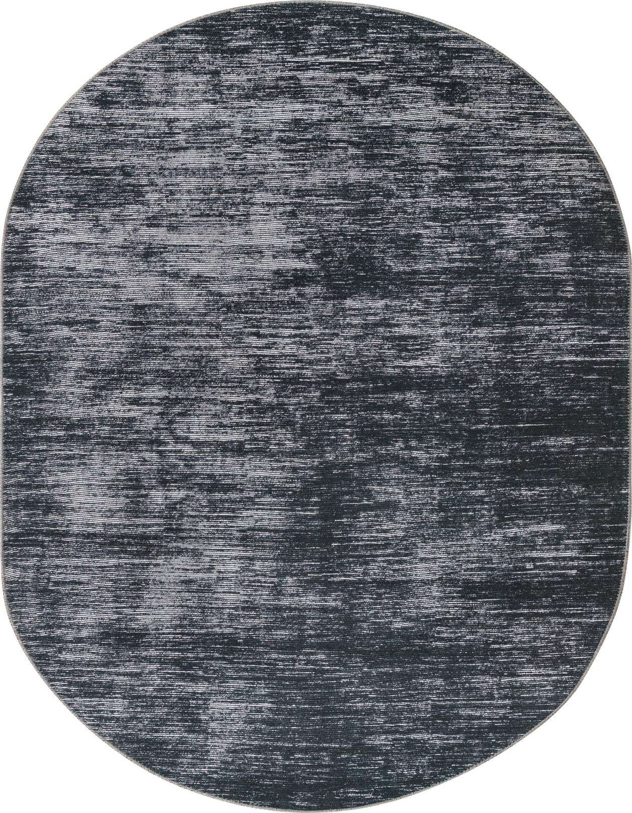 A 5' x 8' oval Rugs.com Asha rug with a modern black and gray striped pattern, ideal for an indoor living space.