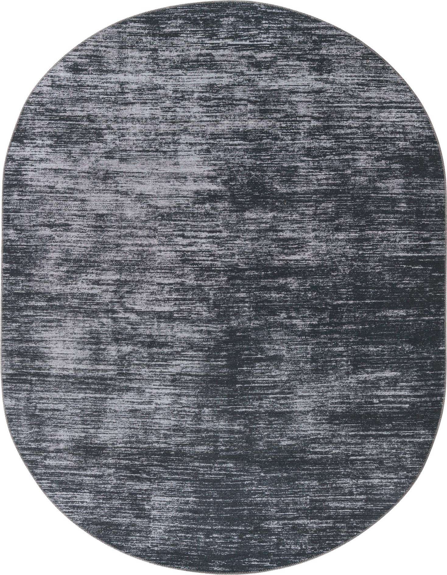 A 7'6" x 10'6" oval black modern rug with a subtle striped pattern and textured pile.