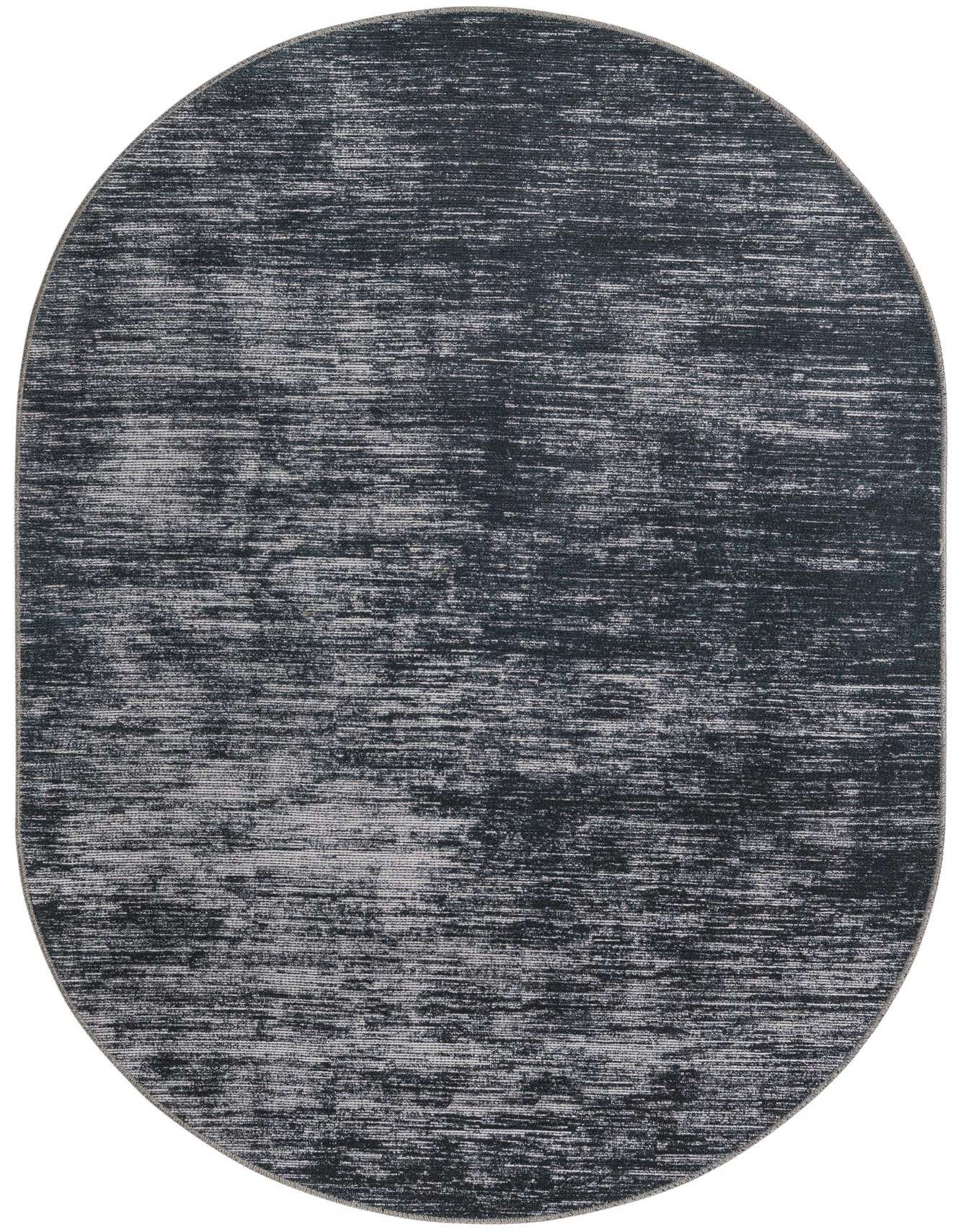 A 4' x 6' oval black and grey modern rug with a textured stripe pattern, suitable for indoor spaces.